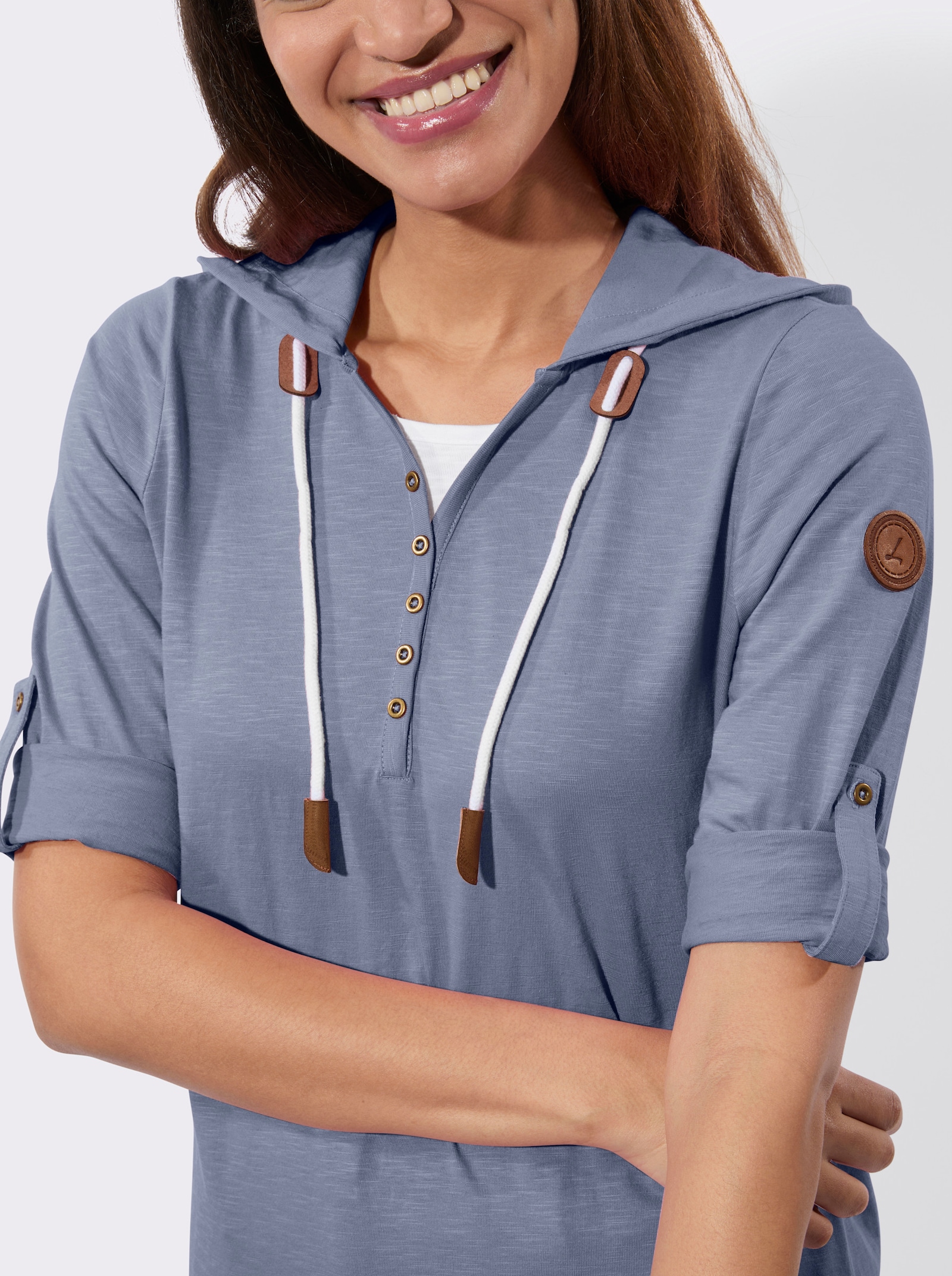 2-in-1-Shirt mit Kapuze - taubenblau-weiß