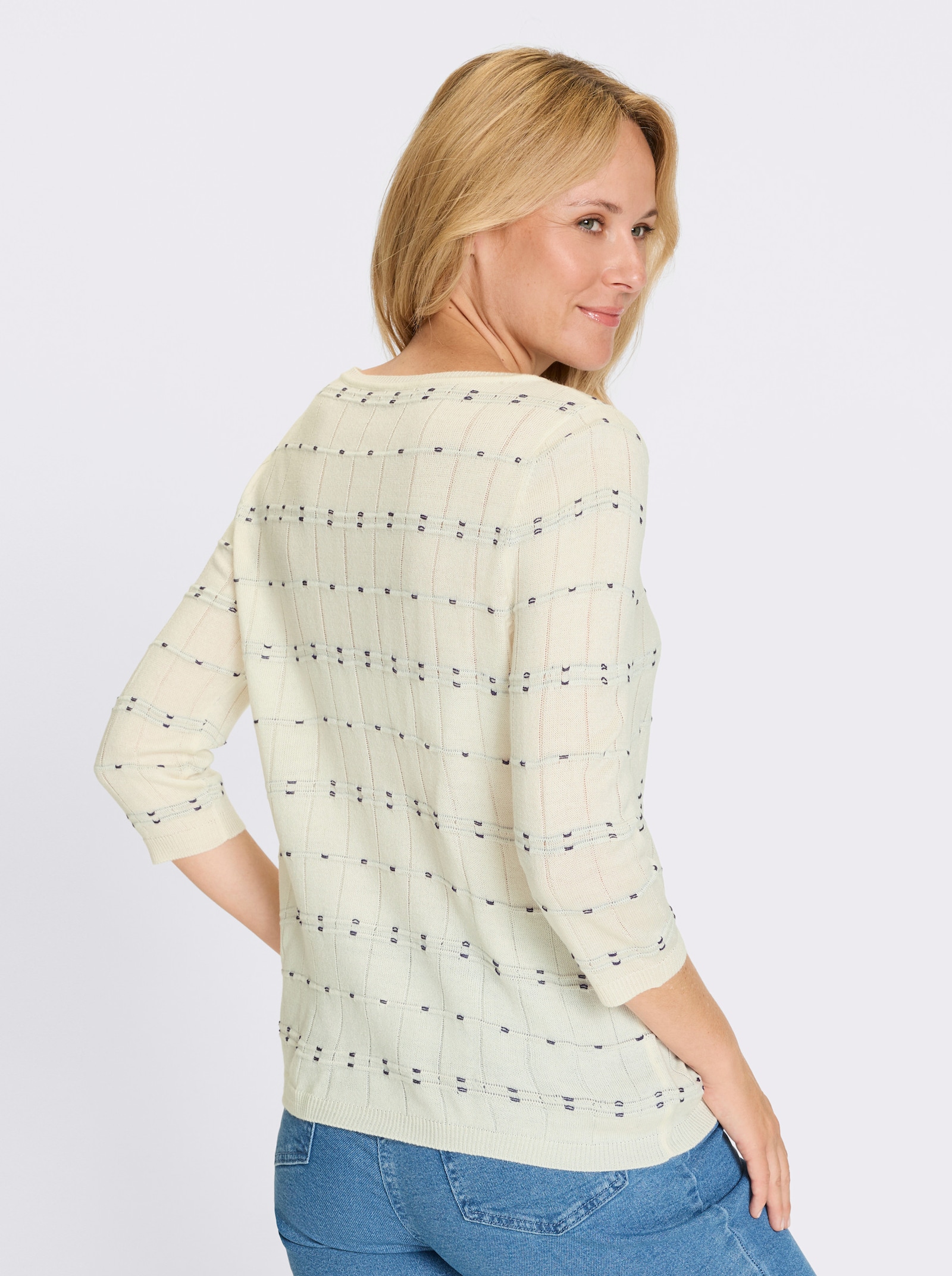 Svetr s 3/4 rukávem a pleteným vzorem - ecru-námořnická modrá-vzor