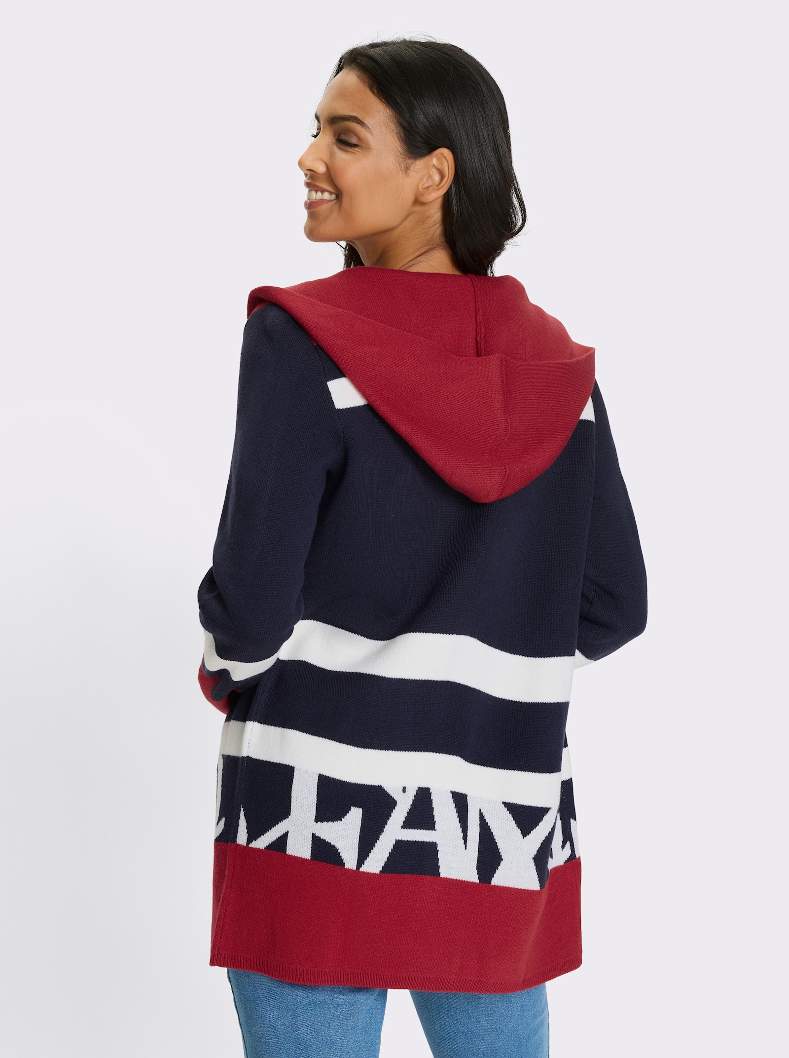 Dlouhý pletený kabátek s kapucí, žakár - námořnická modrá-bílá-proužek