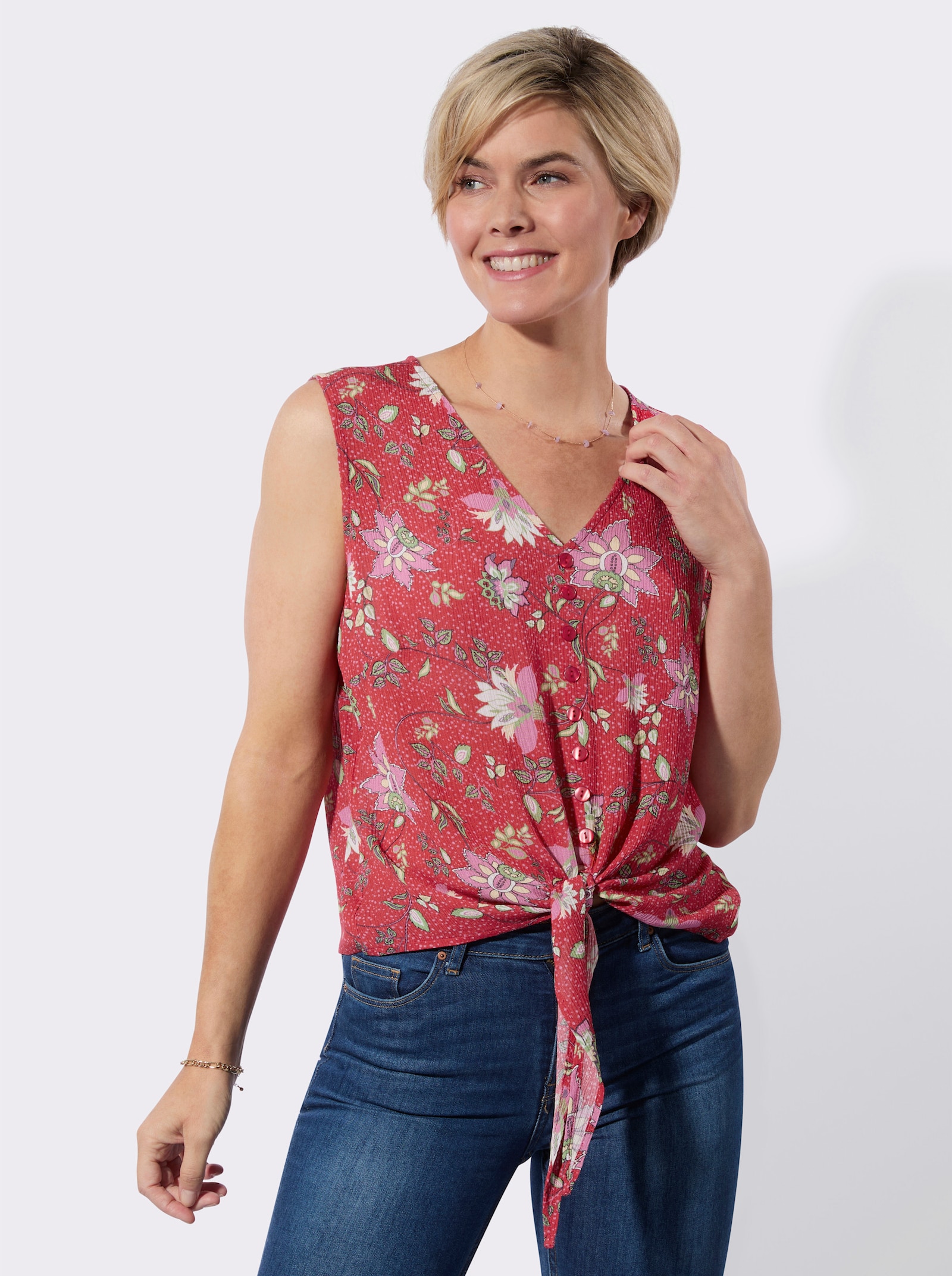 Blusentop mit imitierter Knopfleiste - erdbeere-eucalyptus-bedruckt