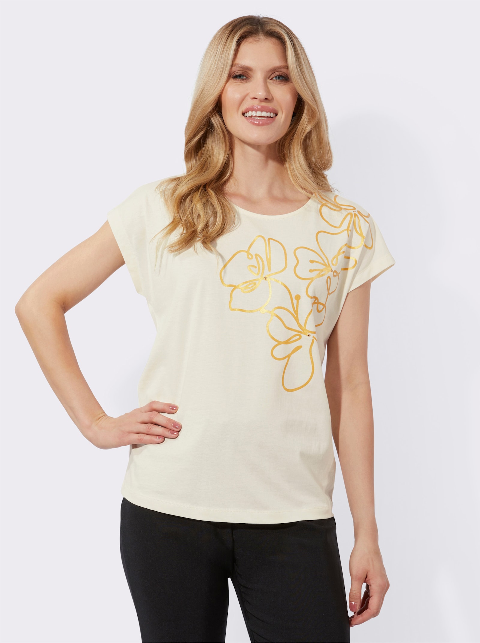 Rundhalsshirt mit Blüten-Druck - champagner-goldfarben-bedruckt