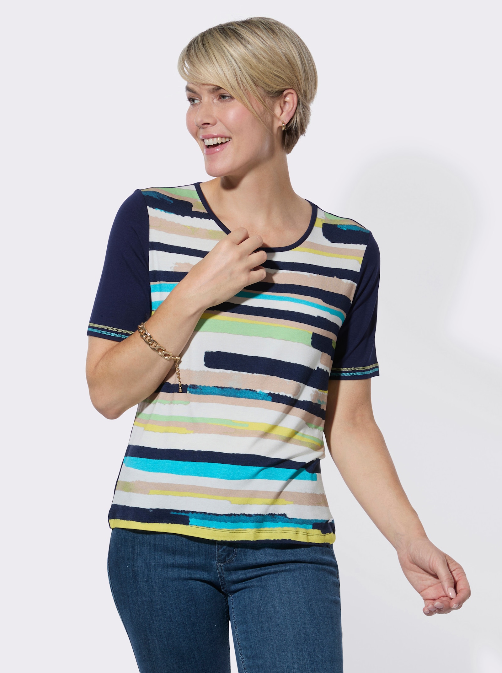 Rundhalsshirt mit platziertem Druck - marine-limone-bedruckt