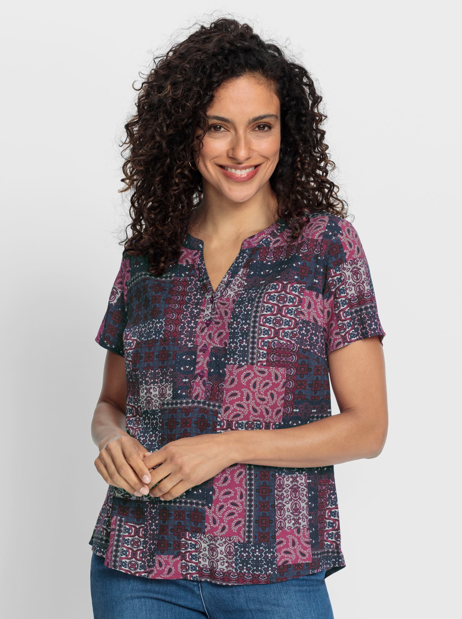 Chemisier à manches courtes avec imprimé patchwork - bruyère-bleu jean imprimé