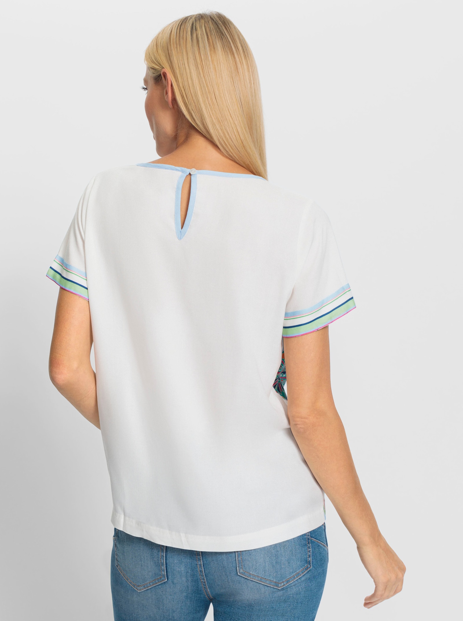 heine Druckbluse seitlich zum Knoten - weiß-eisblau-bedruckt