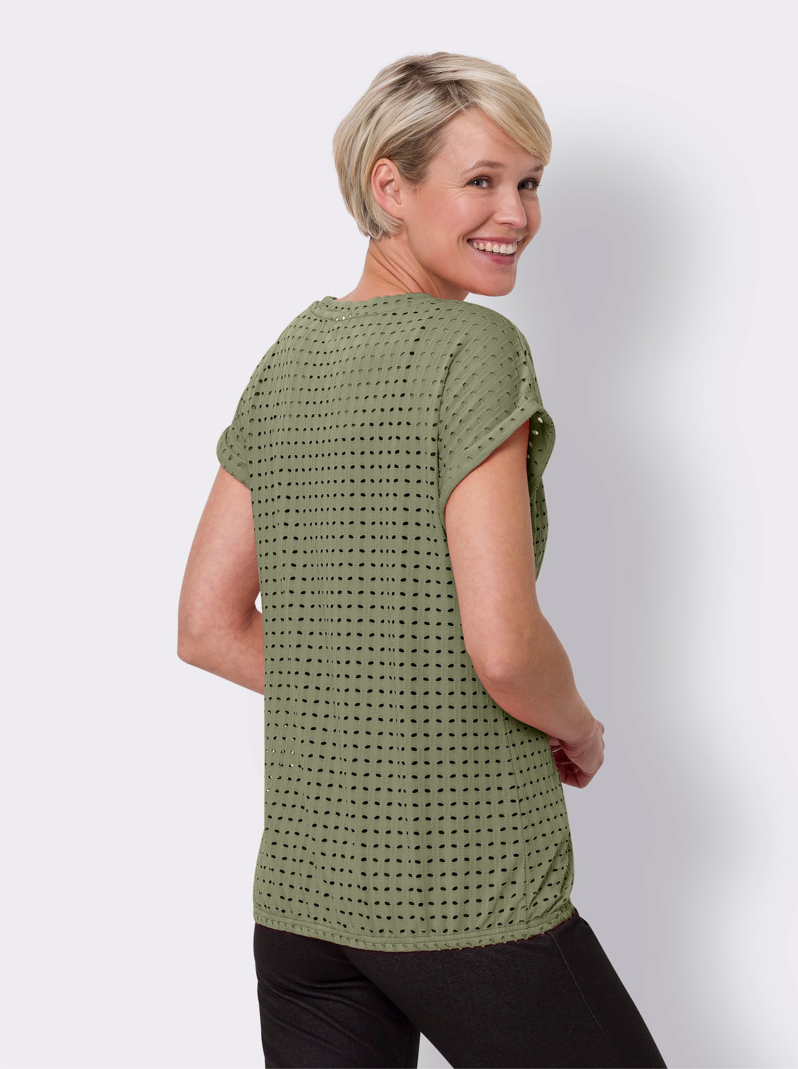 V-Shirt mit Lochmuster - khaki