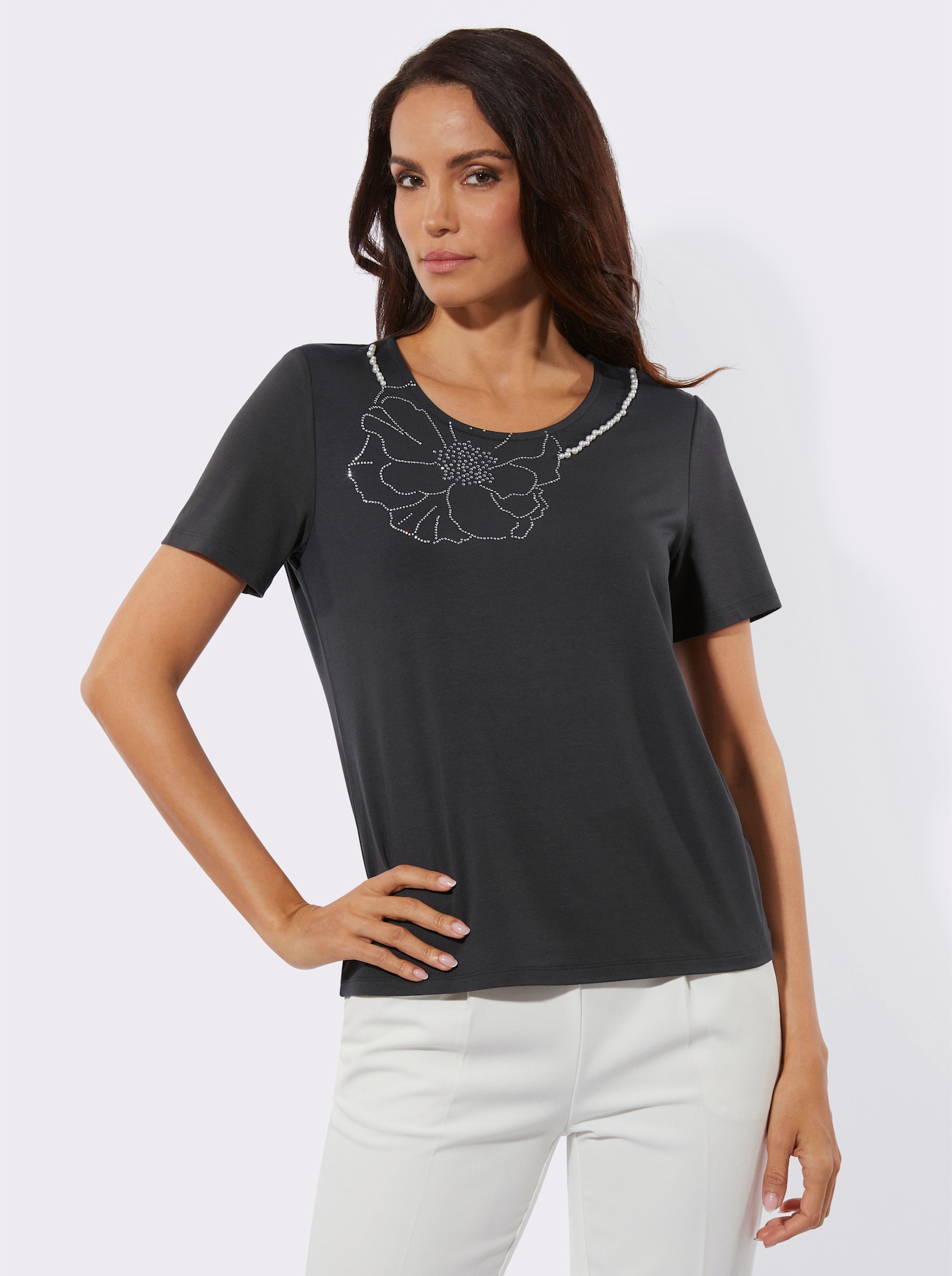 Kurzarmshirt mit Blüten-Applikation - graphit