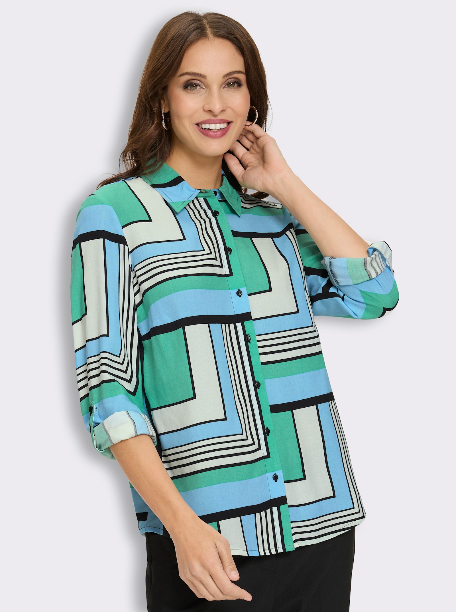 Druckbluse mit längenregulierbaren Ärmeln - aqua-ecru-bedruckt