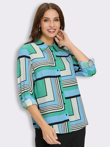 Druckbluse mit längenregulierbaren Ärmeln - aqua-ecru-bedruckt