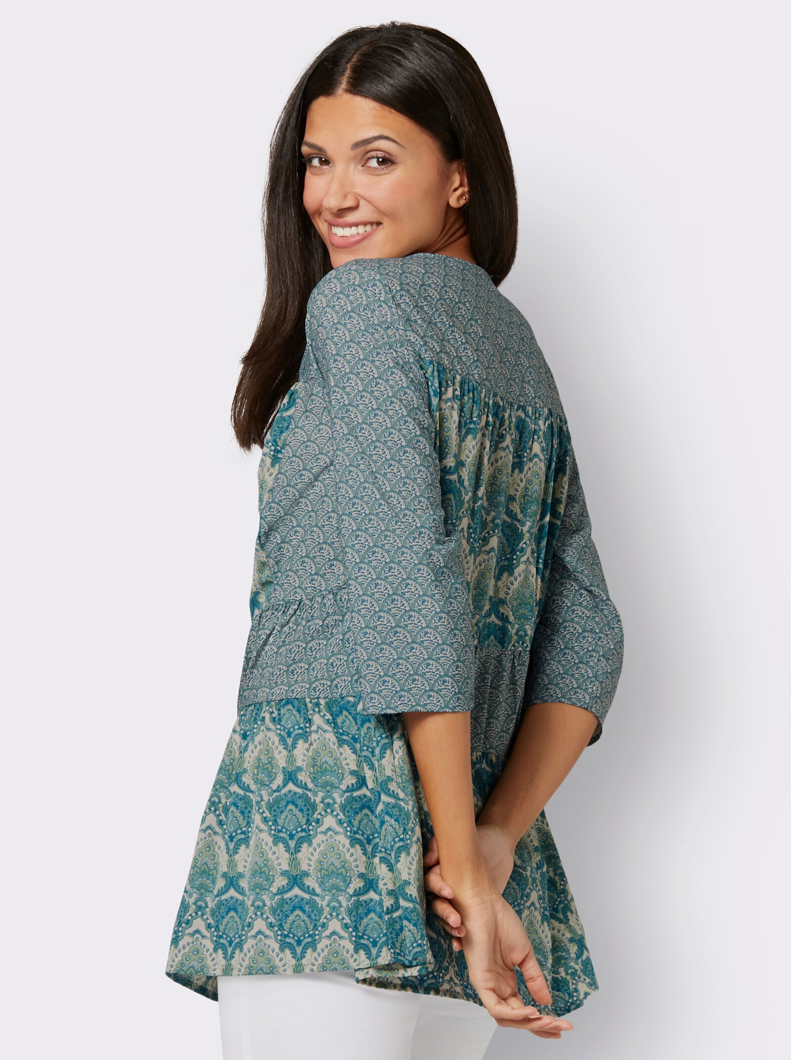 Longbluse mit Bindeband am Ausschnitt - eucalyptus-aquapetrol-bedruckt