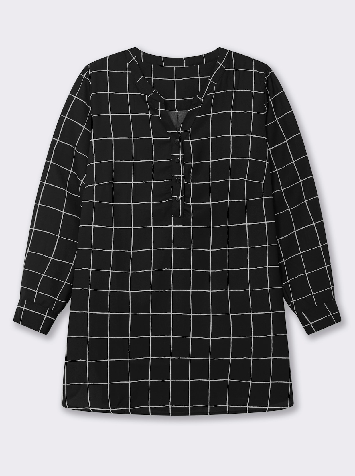 Langarm-Bluse in Longform - schwarz-weiß-kariert
