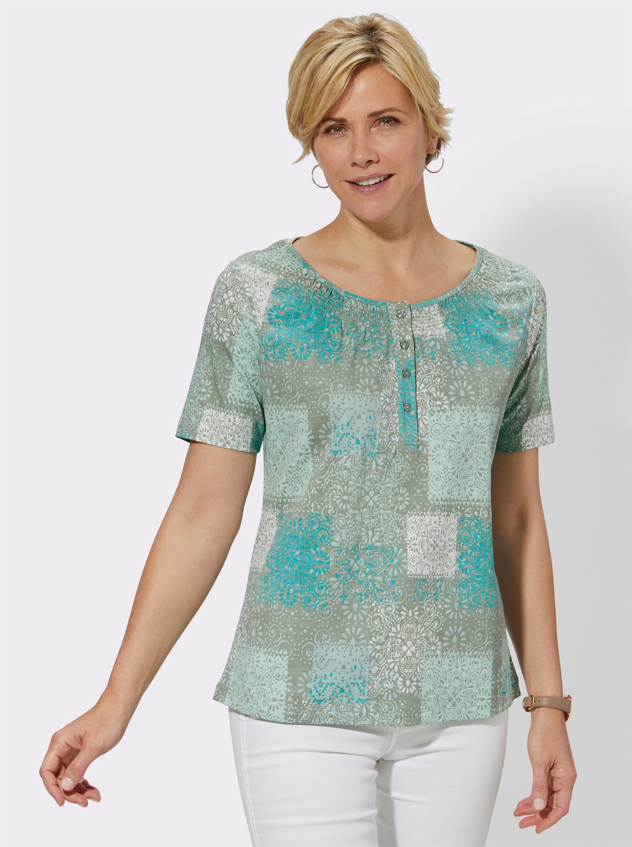 Shirt met ronde hals - turquoise geprint