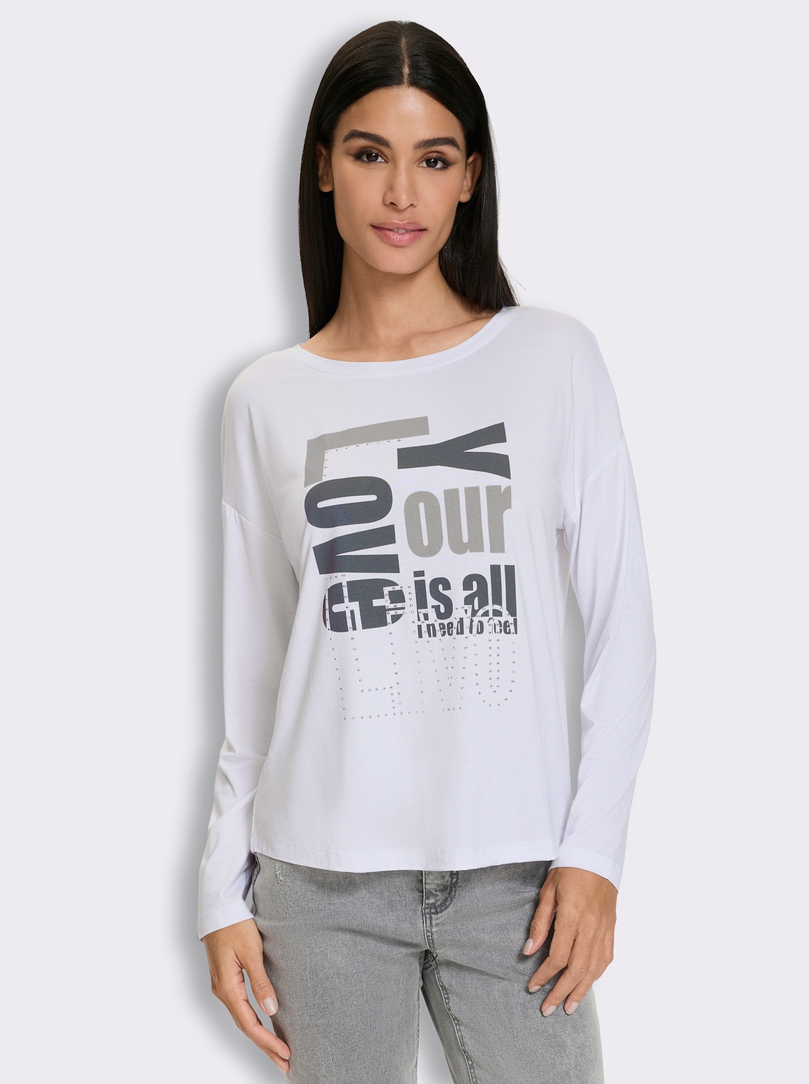 heine Rundhalsshirt mit Glitzersteinchen - weiß