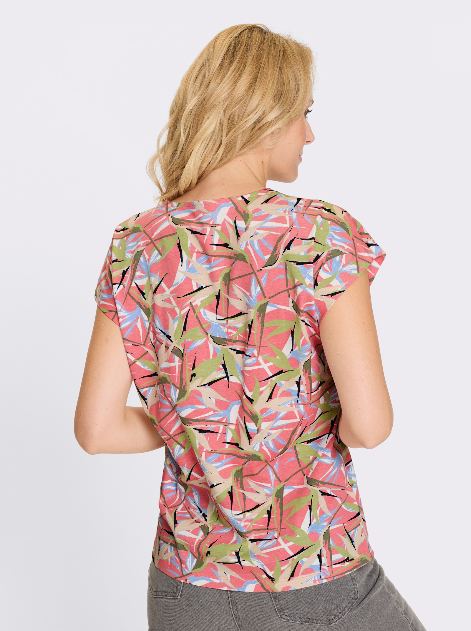 Kurzarmshirt aus Baumwolle, floral bedruckt - flamingo-bleu-bedruckt