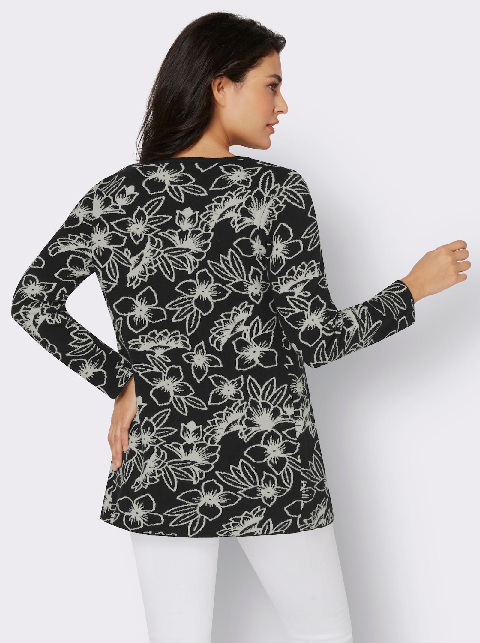 Jacquardstrickjacke mit Blüten-Jacquard-Muster - schwarz-champagner-gemustert