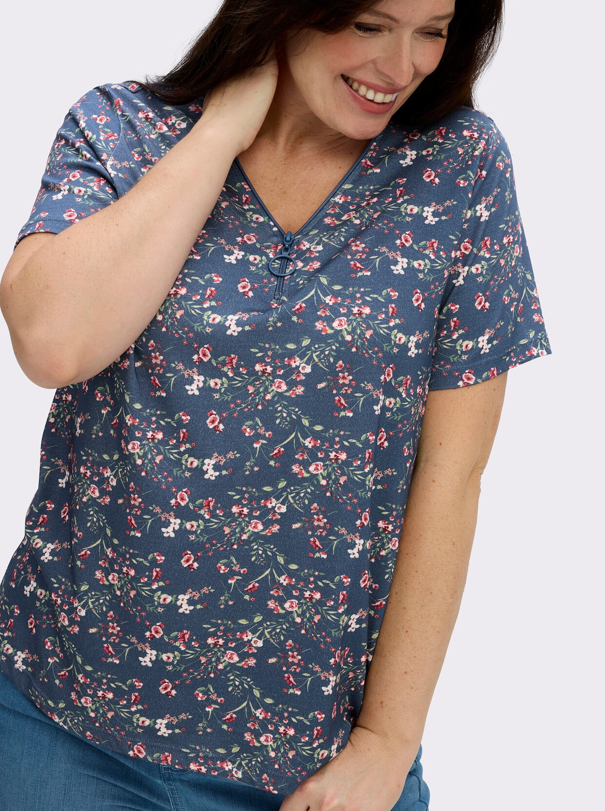 Kurzarmshirt mit Reissverschluss am Ausschnitt - jeansblau-hellrosé-gemustert