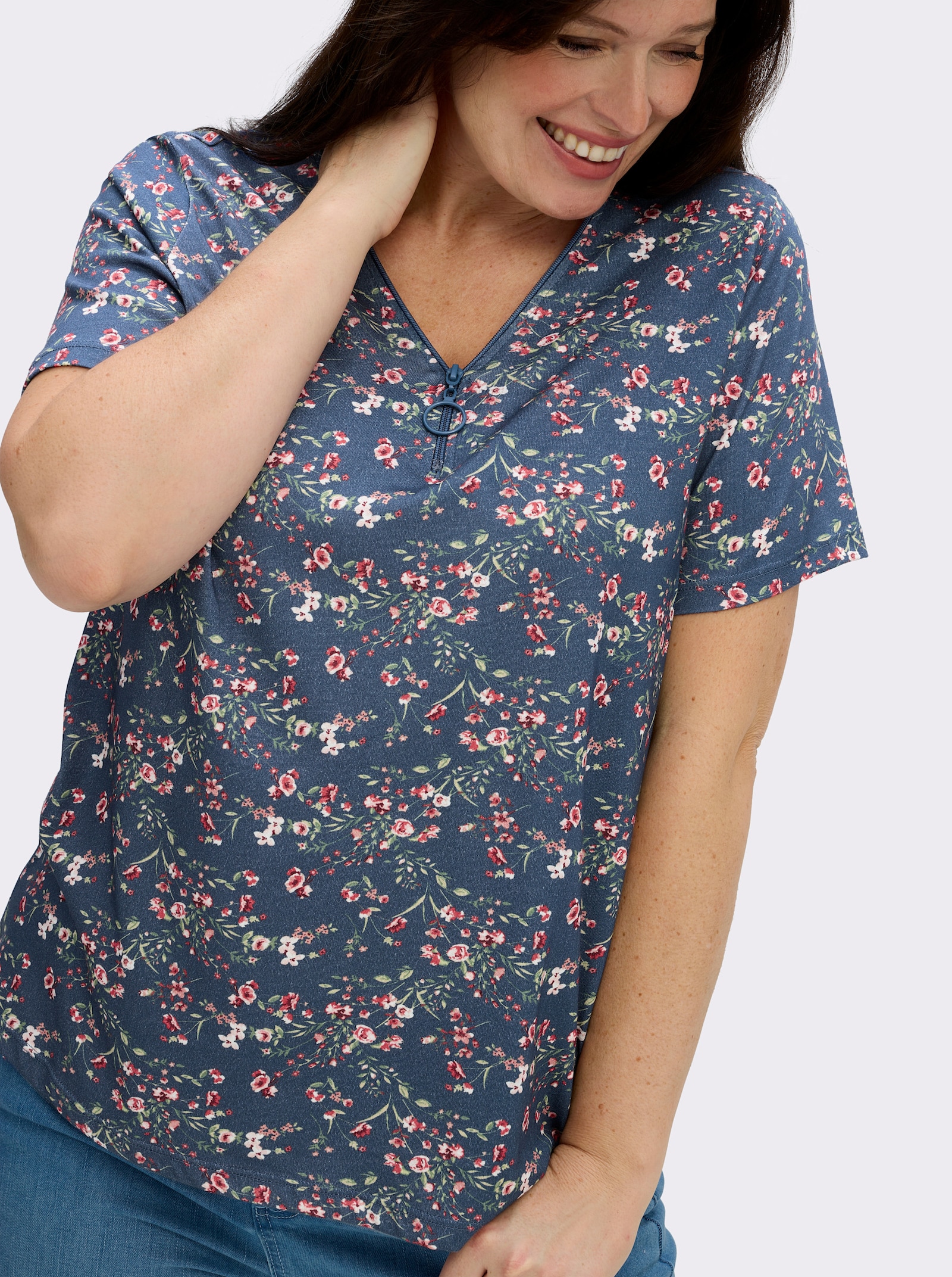 Kurzarmshirt mit Reißverschluss am Ausschnitt - jeansblau-hellrosé-gemustert