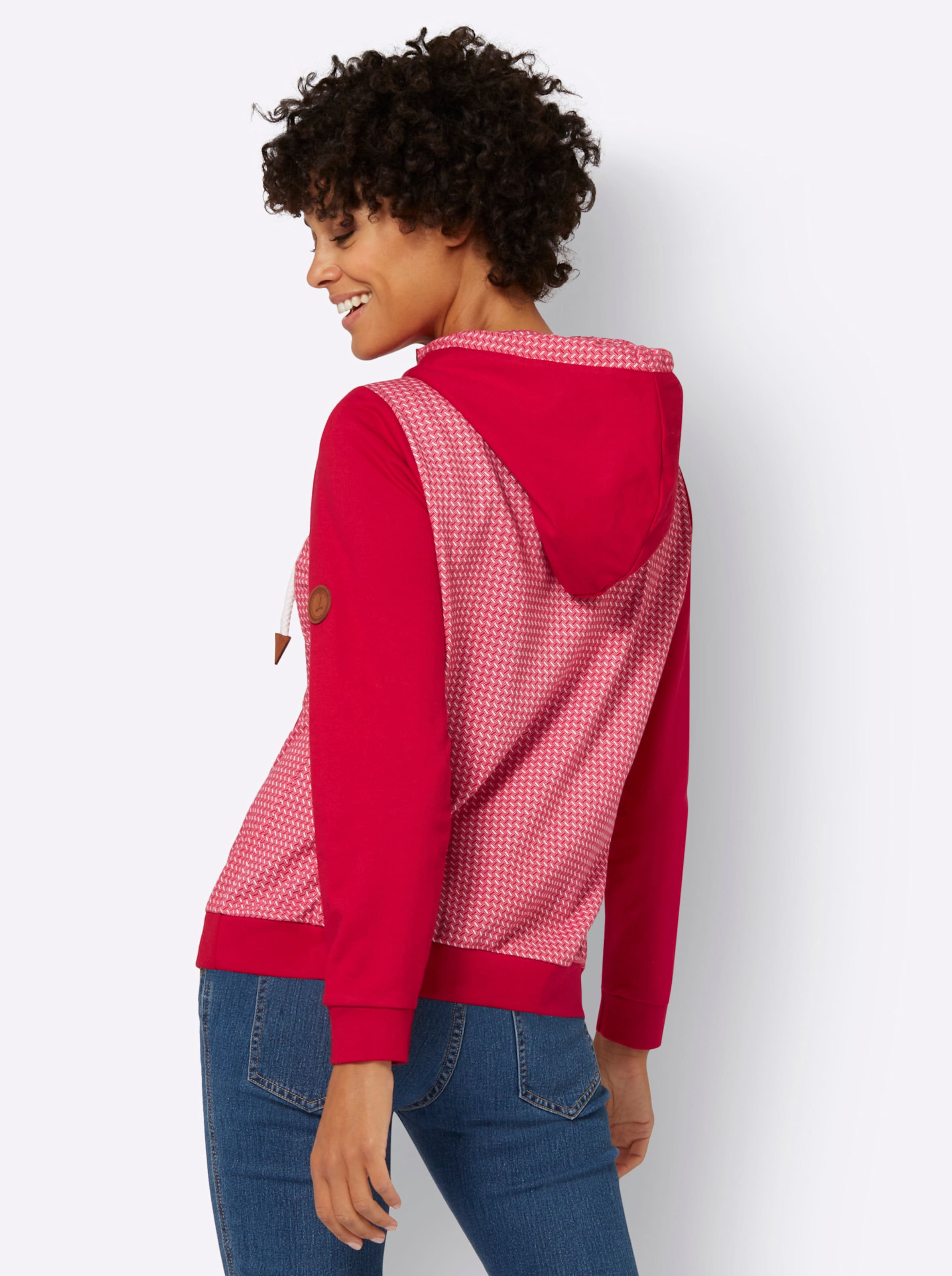 Sweatshirt günstig Kaufen-Sweatshirt in rot von heine. Sweatshirt in rot von heine <![CDATA[Im lässigen Hoodie-Stil: Sweatshirt im Mix aus Druck-Muster und einfarbigen Partien. Der raffinierte Kapuzenkragen mit Tunnelzug samt Bindebändern ist ebenfalls schön bedruckt, doppellag