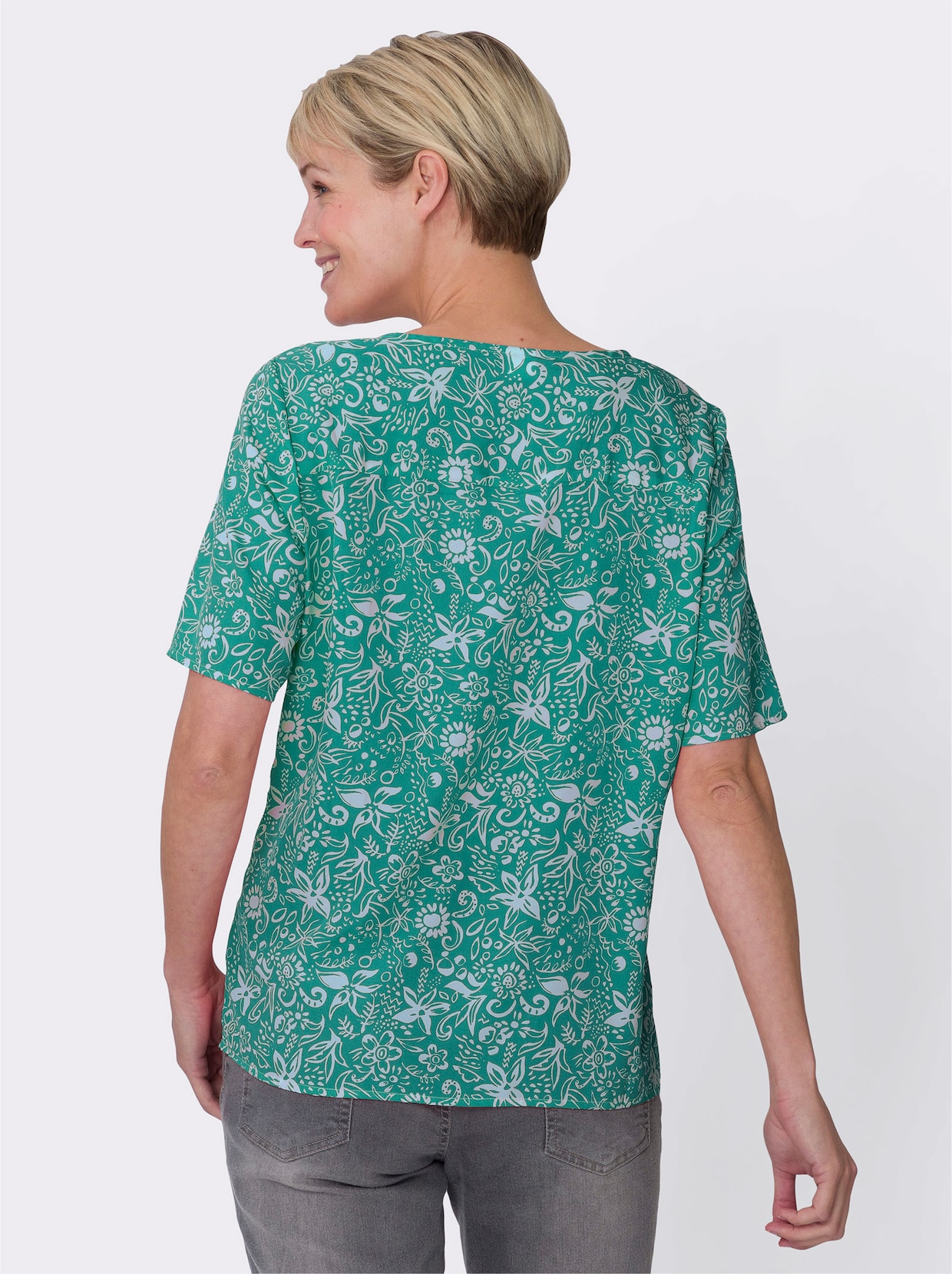 Comfortabele blouse - smaragd/ecru bedrukt