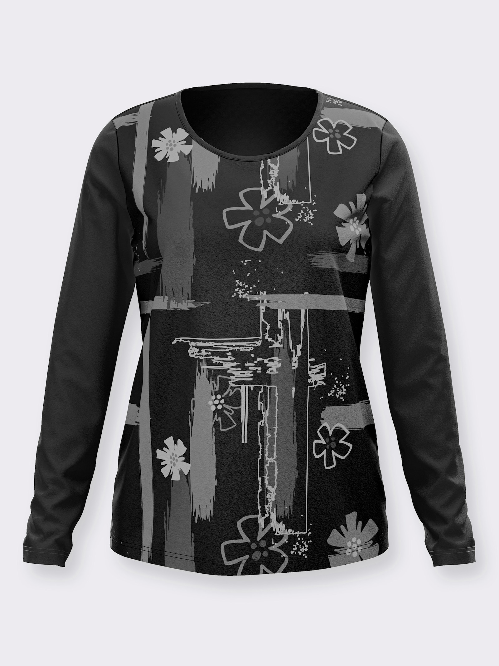 Rundhalsshirt mit Druckmuster vorne - schwarz-hellgrau-bedruckt