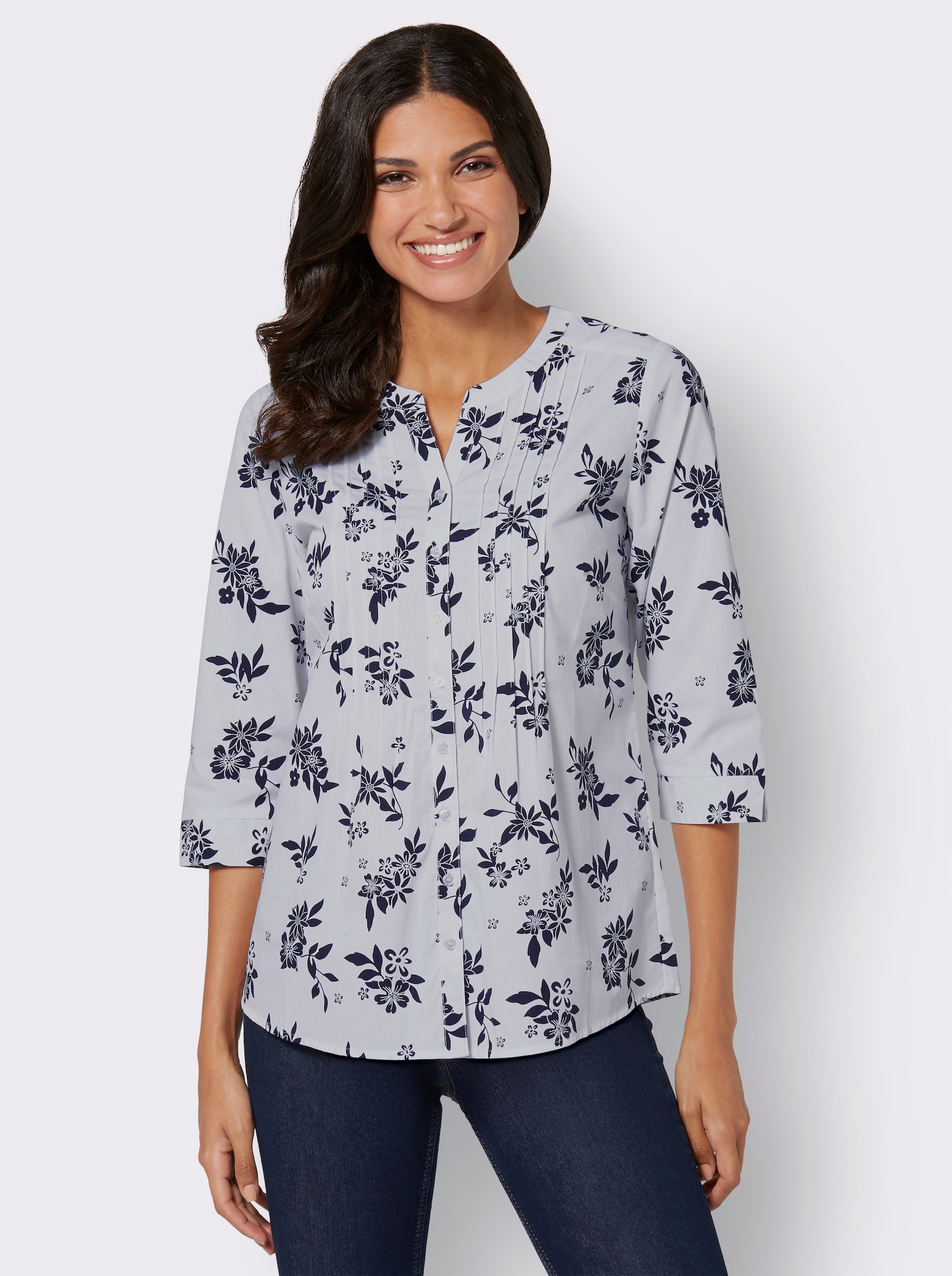 Longbluse mit Blumen-Muster - weiß-nachtblau-bedruckt