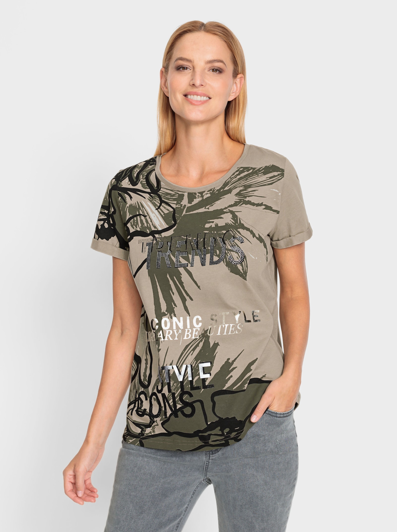 heine Kurzarmshirt mit Folienprint - schlamm-bedruckt
