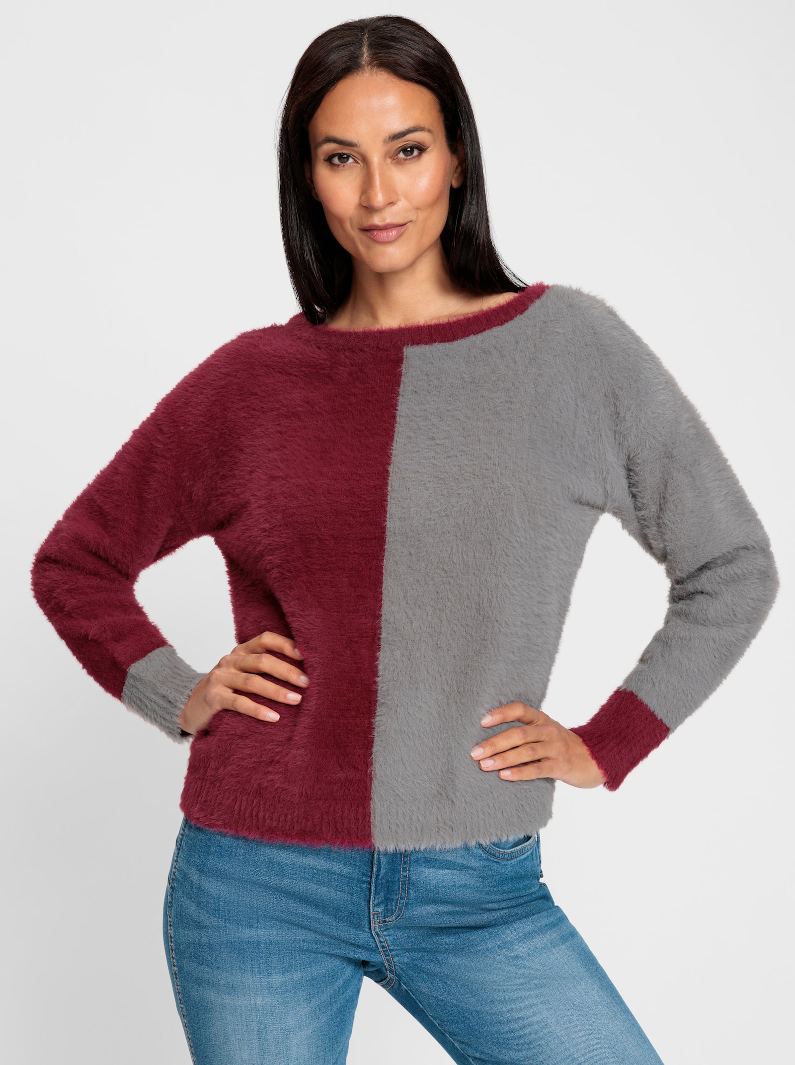 heine Rundhalspullover mit Colour-Blocking - bordeaux-grau-gemustert