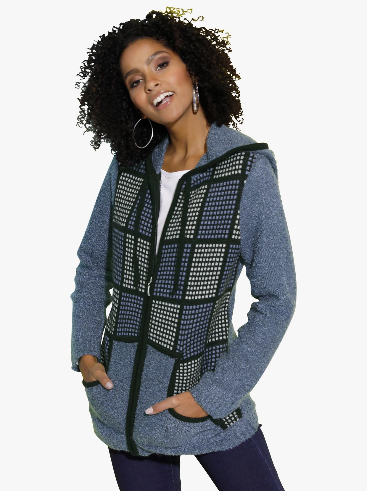 Pletený sveter s kapucňou - modrá vzorovaná