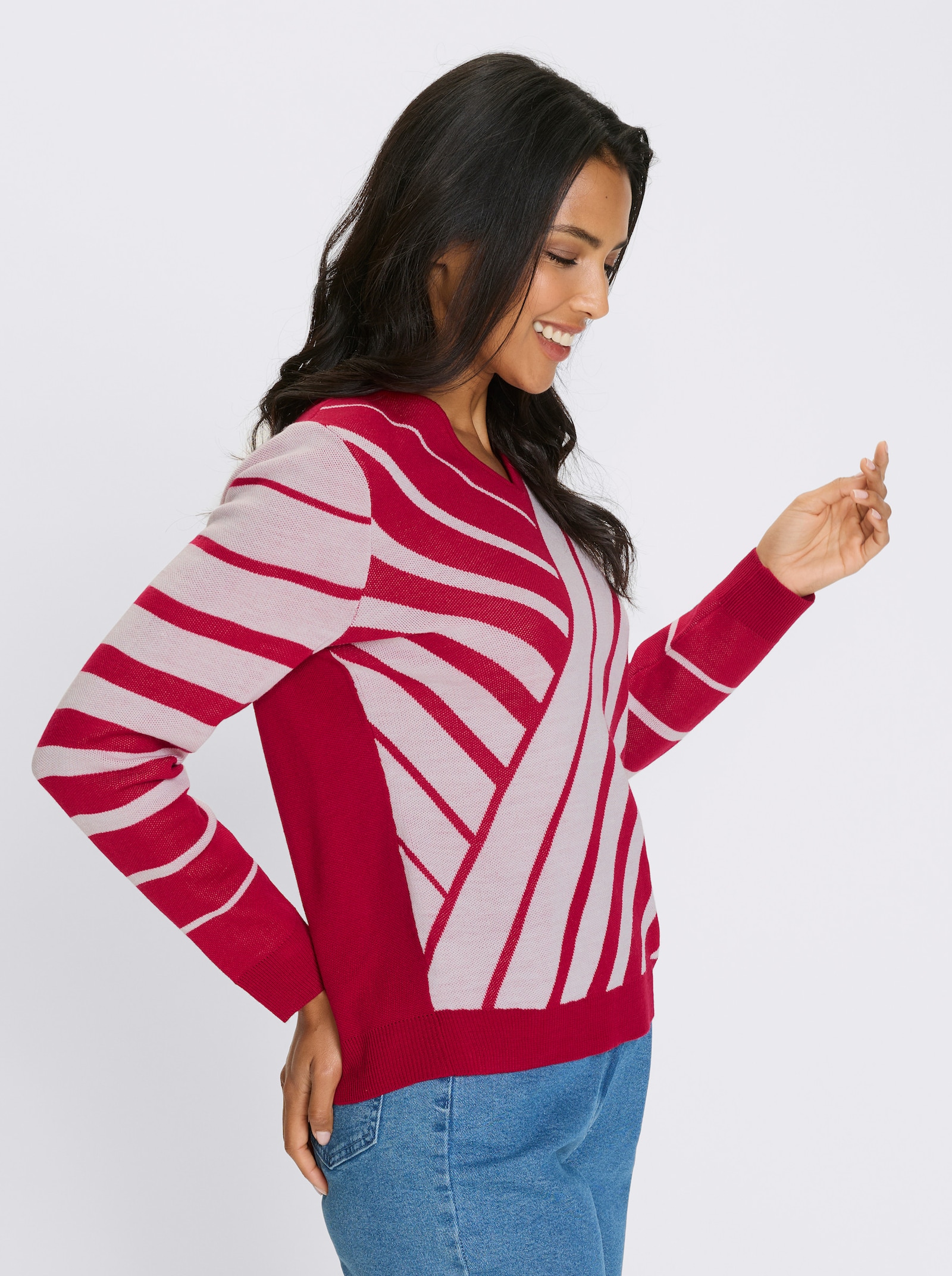 V-Ausschnitt-Pullover mit Streifen-Muster - rot-weiß-gemustert