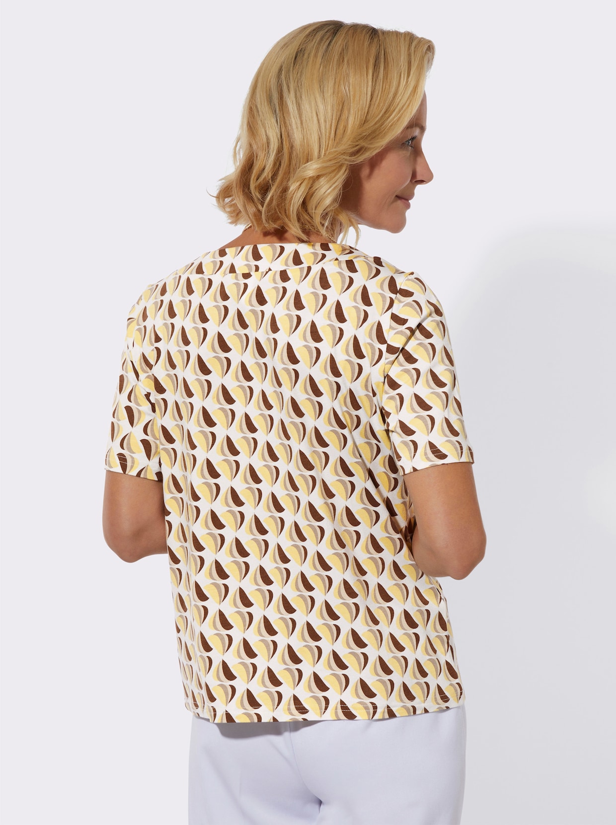 Rundhalsshirt - zitrone-braun-bedruckt