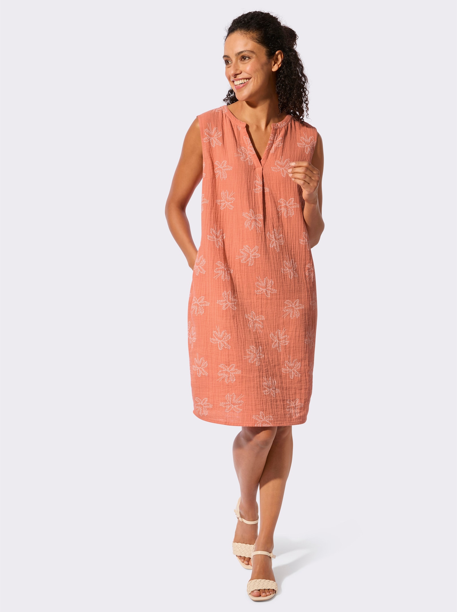 Baumwollkleid in Musselin-Qualität - papaya-ecru