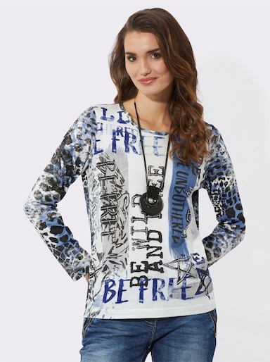 Print-Shirt mit Glitzersteinchen-Applikation - ecru-mittelblau-bedruckt