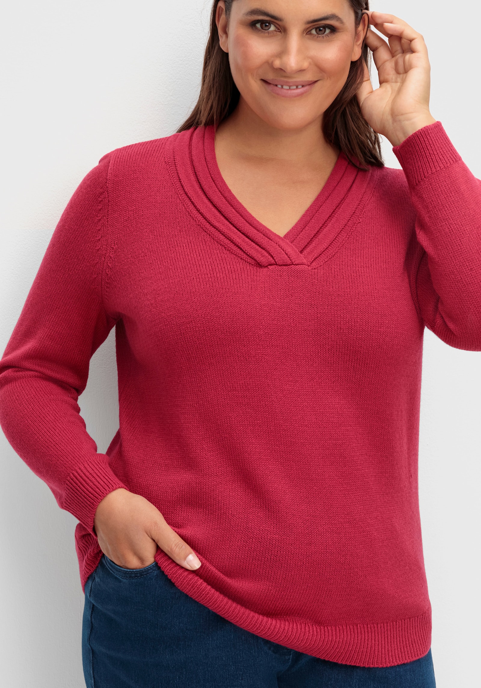 V-Ausschnitt-Pullover mit Rollkante - himbeere