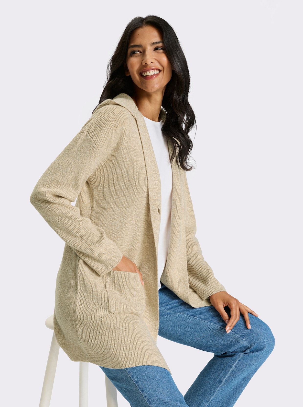Longstrickjacke - beige-champagner-meliert