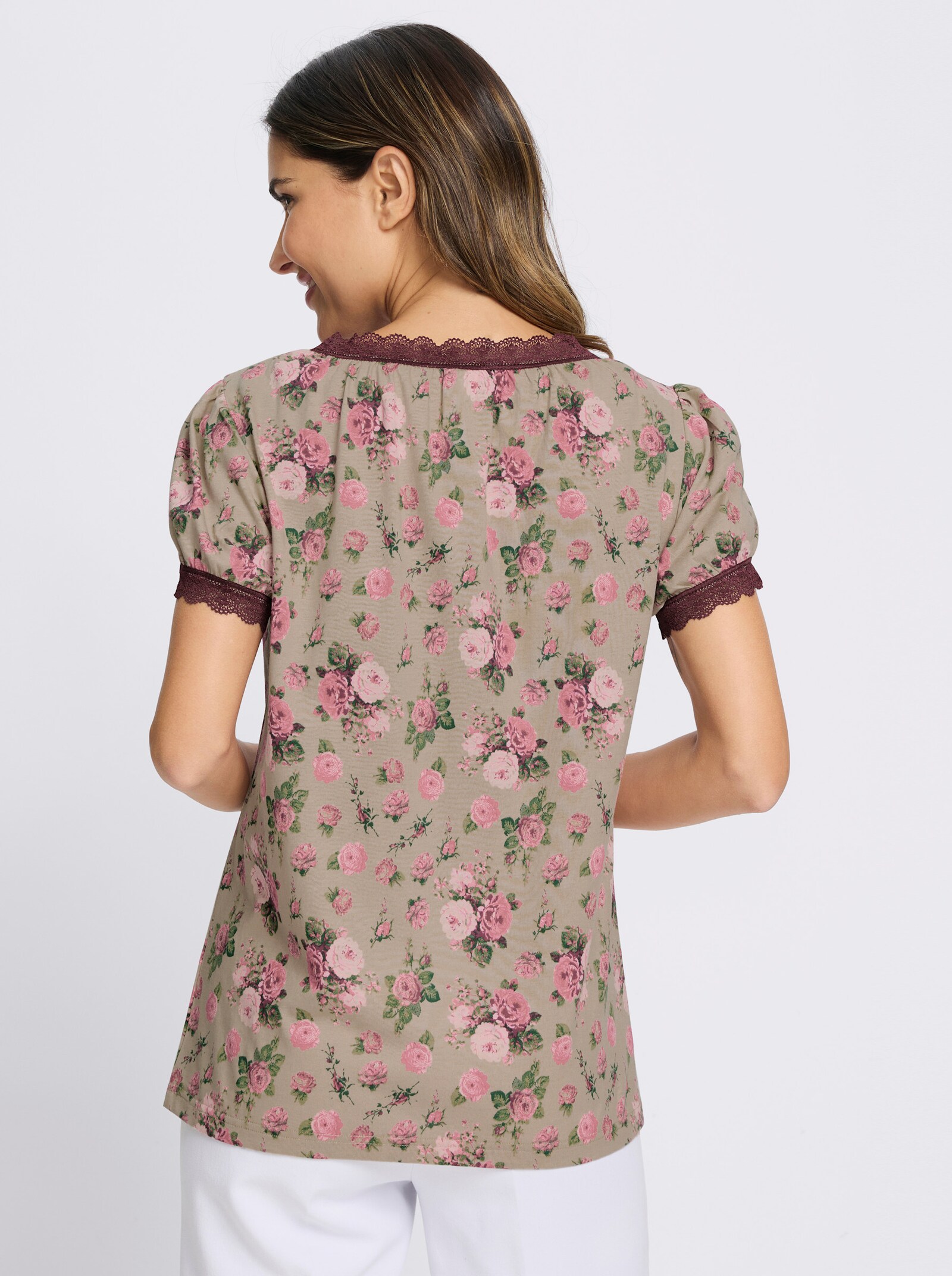 Trachtenshirt mit Spitzen-Details - beige-kirsche-bedruckt