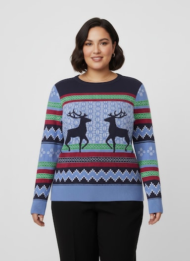 Jacquard-Pullover in Norweger-Optik - marine-himmelblau-gemustert