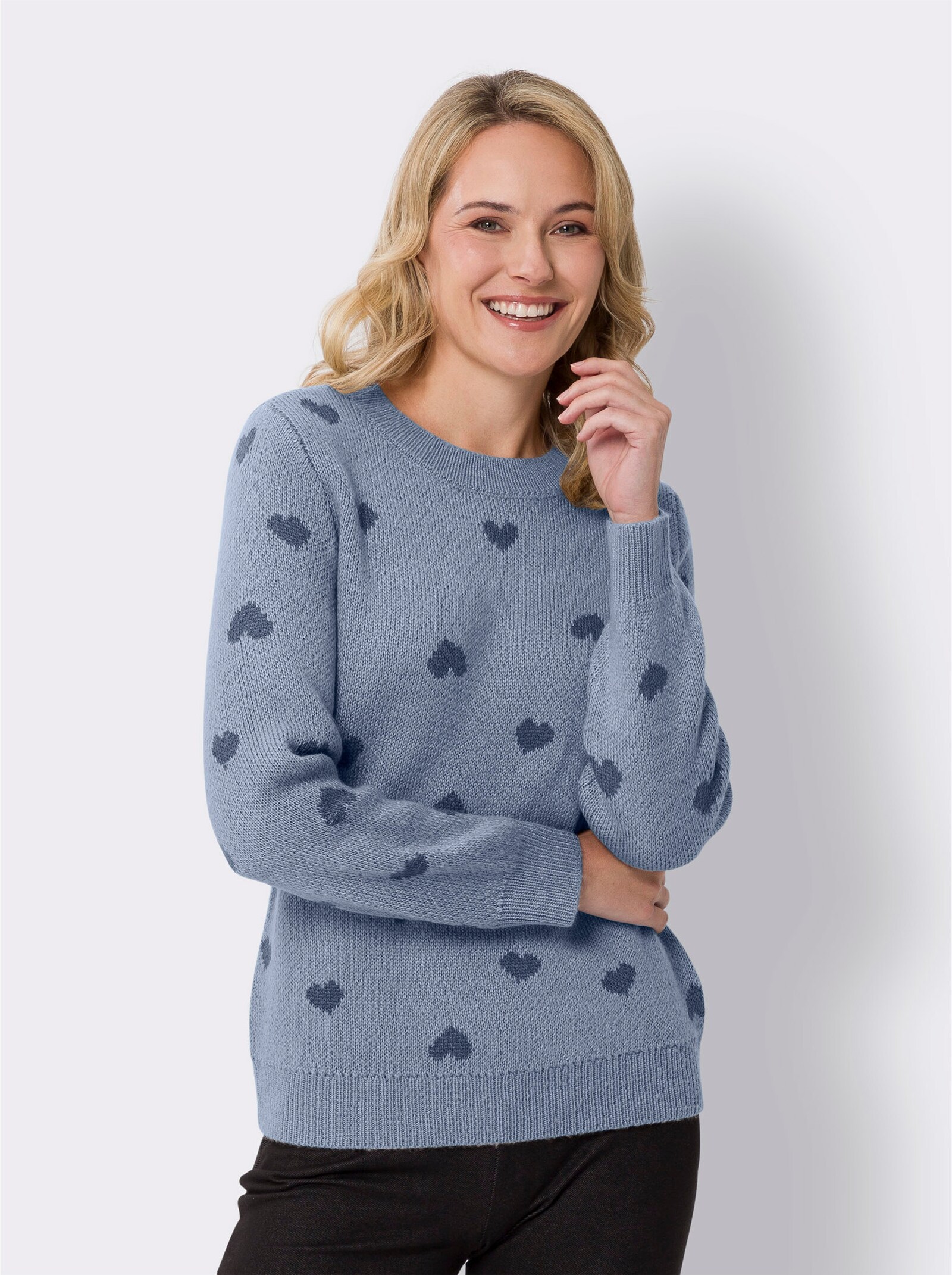Pullover met lange mouwen en hartjespatroon - duifblauw/rookblauw gedessineerd