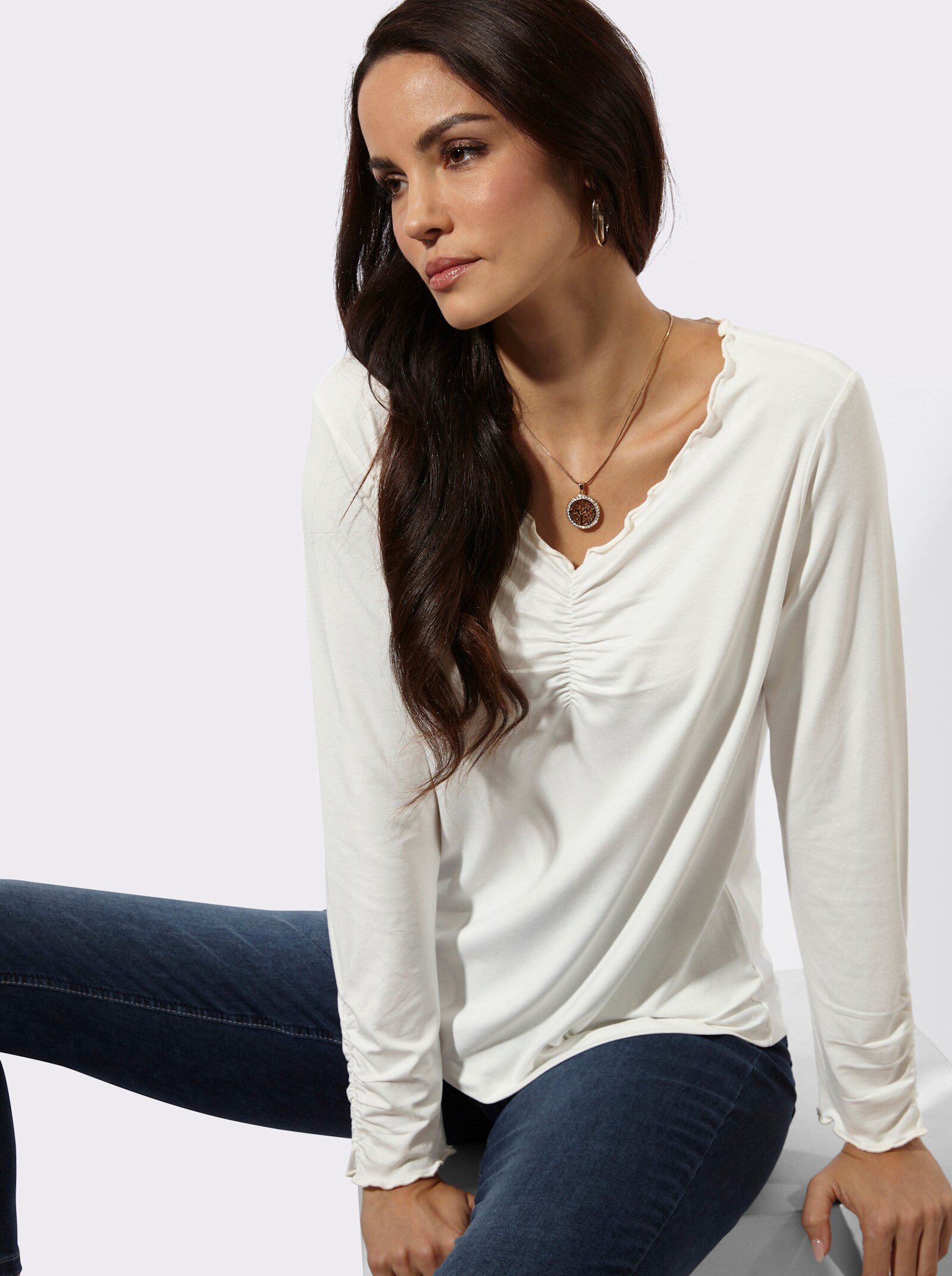 Langarmshirt mit V-Ausschnitt - ecru