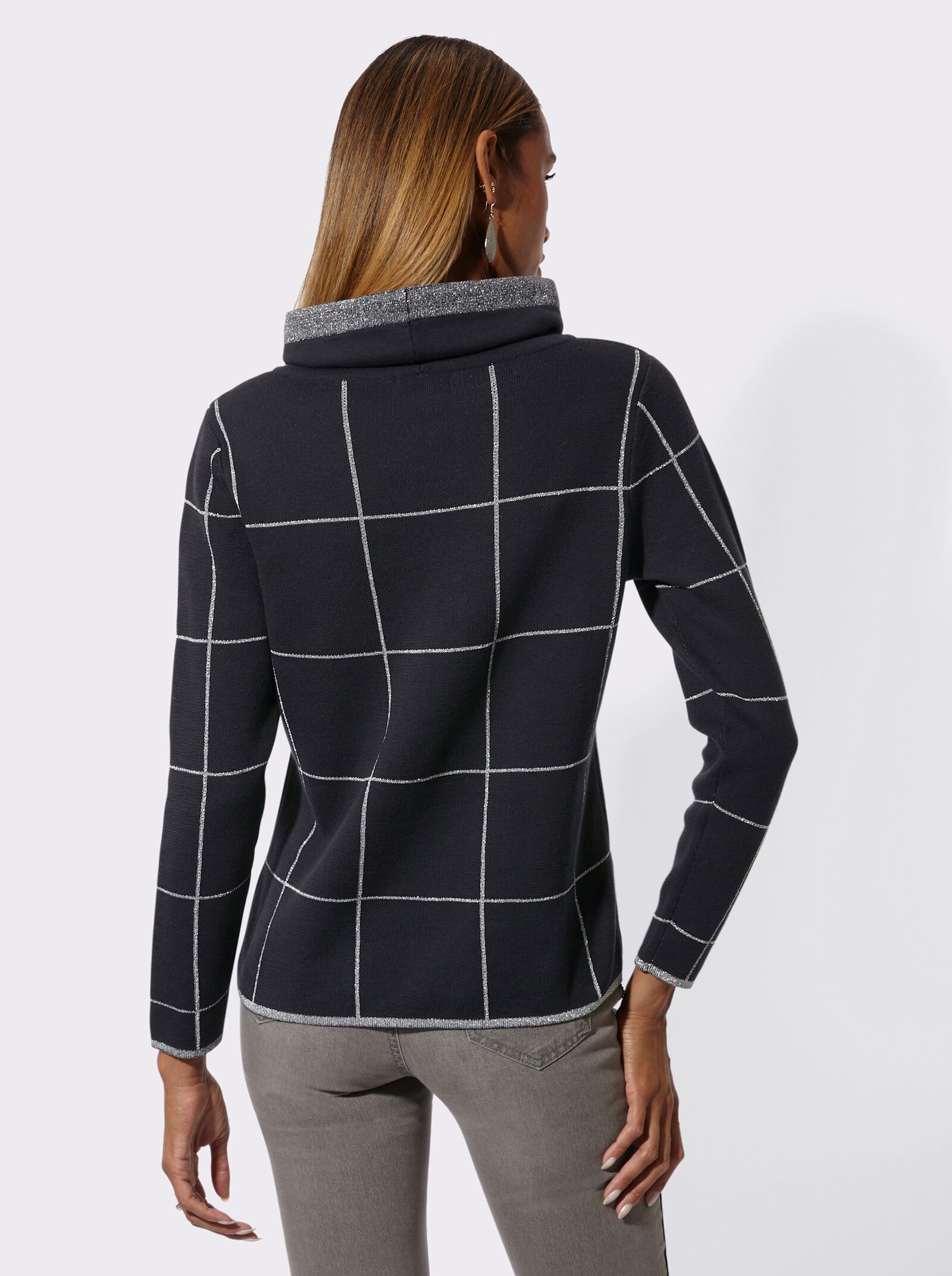 Jacquard-Pullover mit weitenregulierbarem Rollkragen - schwarz-silberfarben