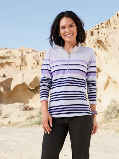 Poloshirt mit platziertem Ringelmuster - hellgrau-lavendel-geringelt