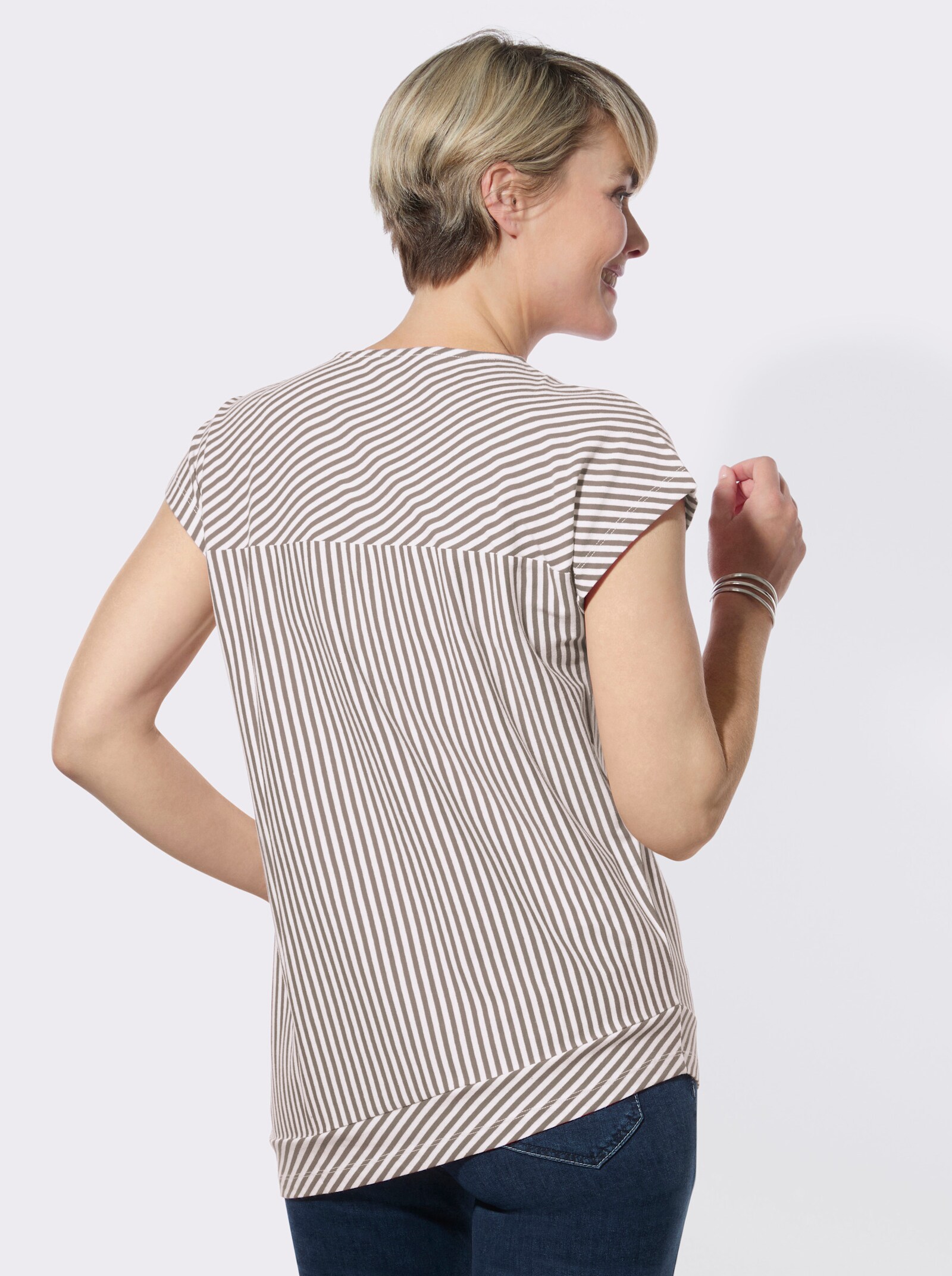 Rundhalsshirt mit asymmetrischem Saum - sesam-weiß-geringelt