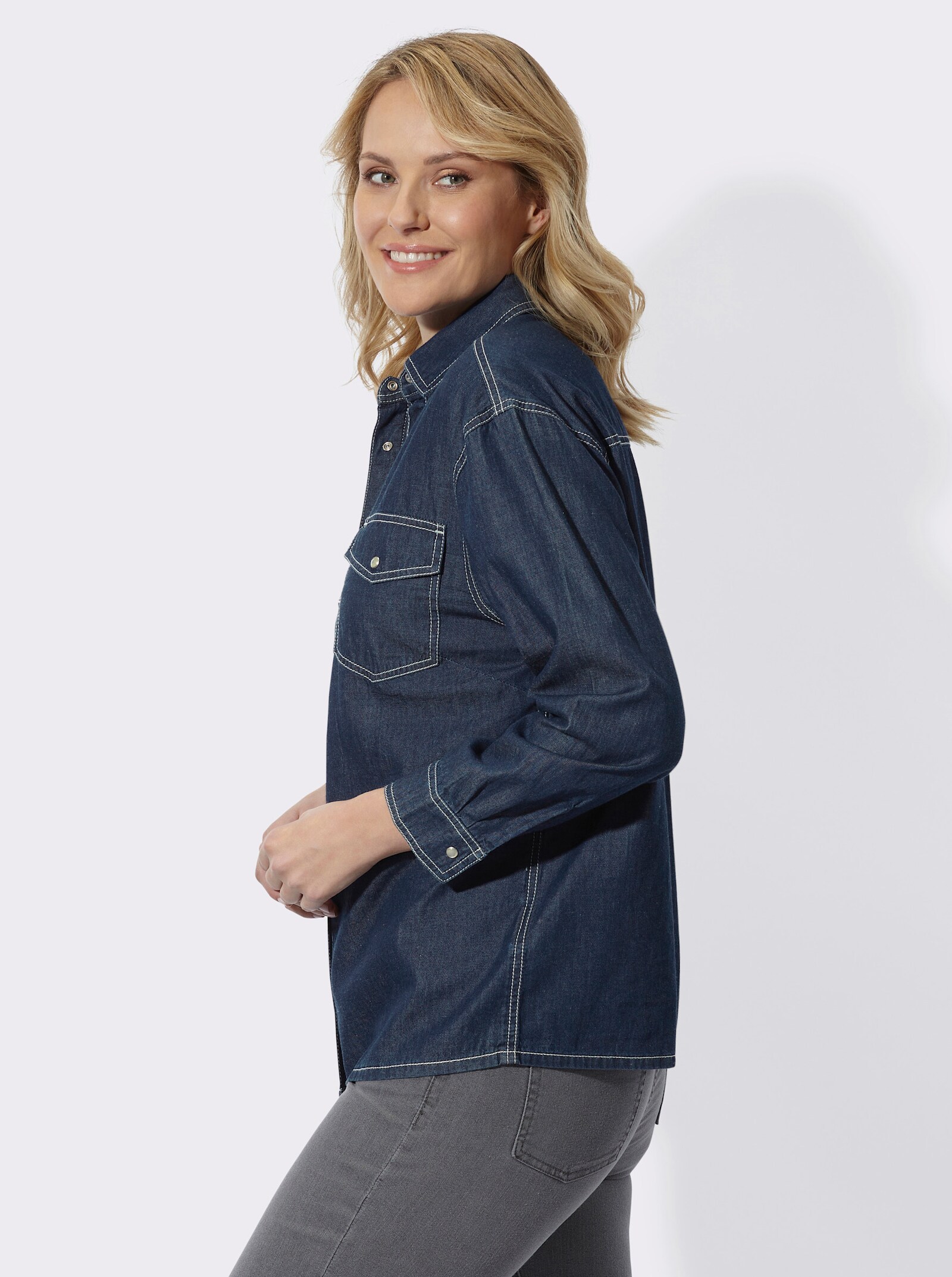 Jeansbluse mit überschnittenen Schultern - blue-stone-washed