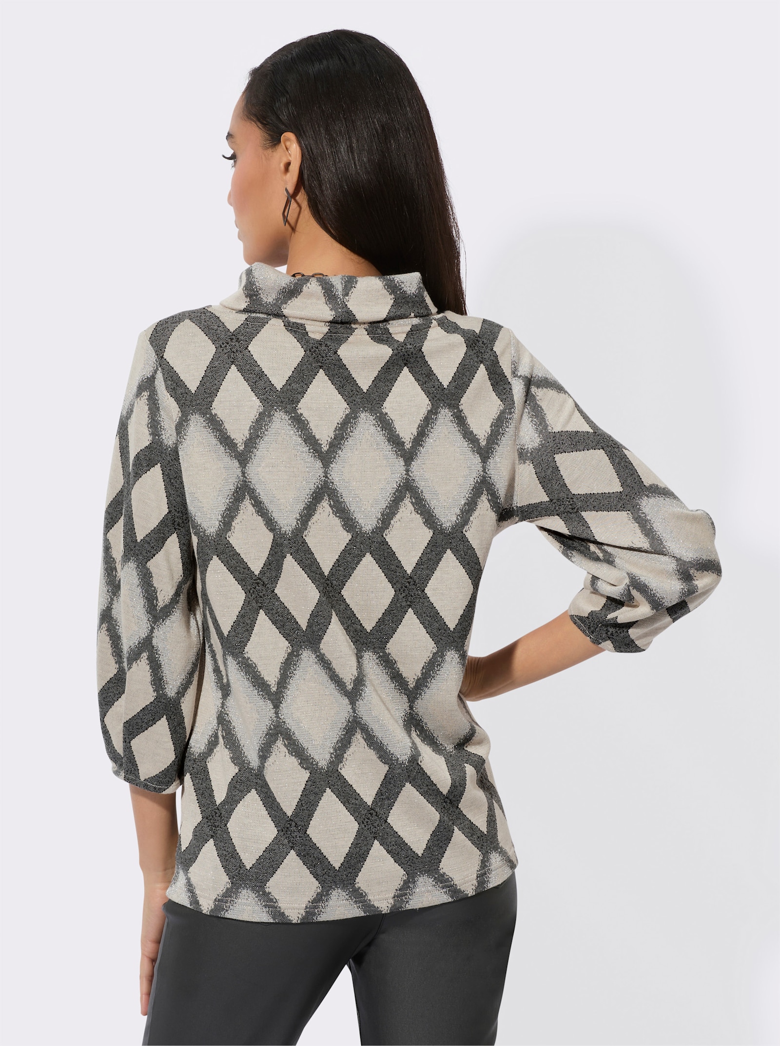 Shirt met 3/4-ballonmouwen - zand/antraciet gedessineerd