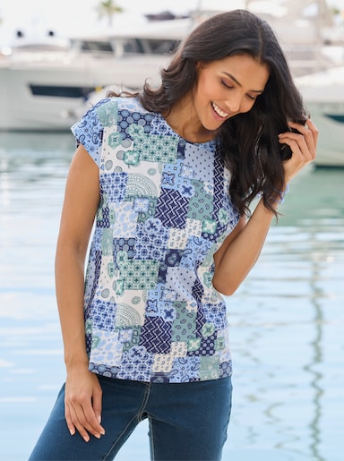 Print-Shirt mit überschnittenen Schultern - ecru-jade-bedruckt