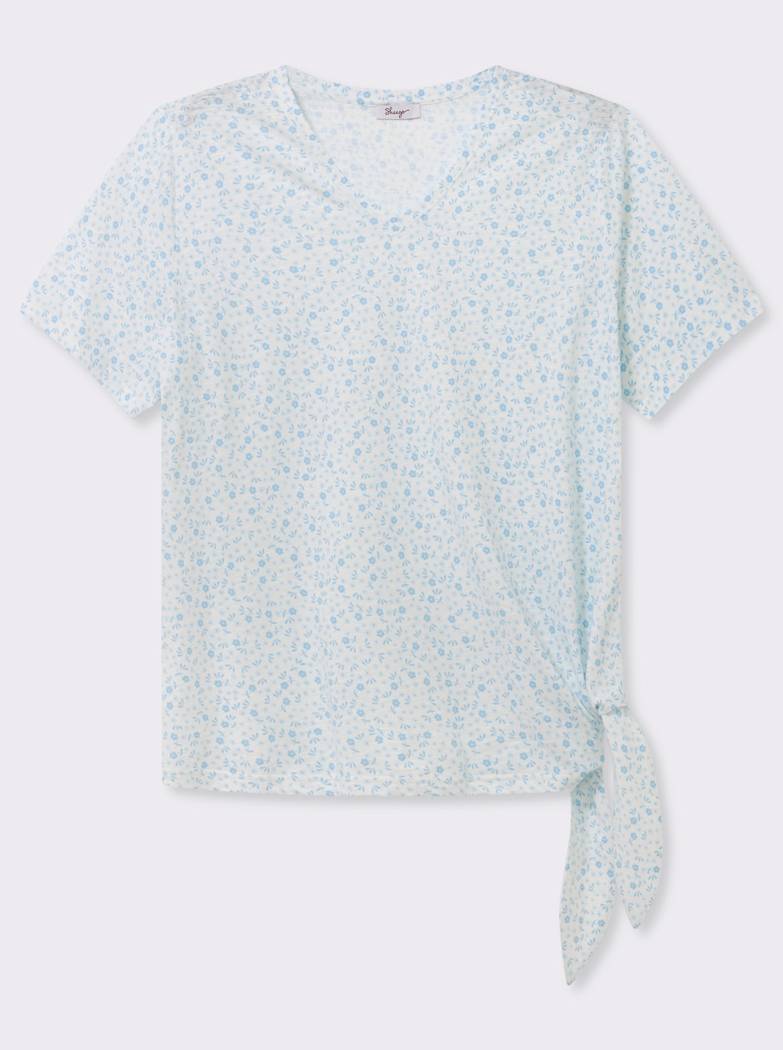sheego V-Shirt mit Knotendetail am Saum - ecru-aqua-bedruckt