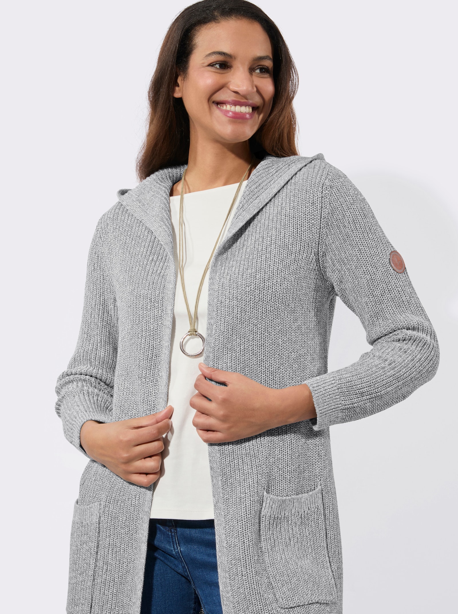 Strickmantel in offener Form - steingrau-ecru-meliert