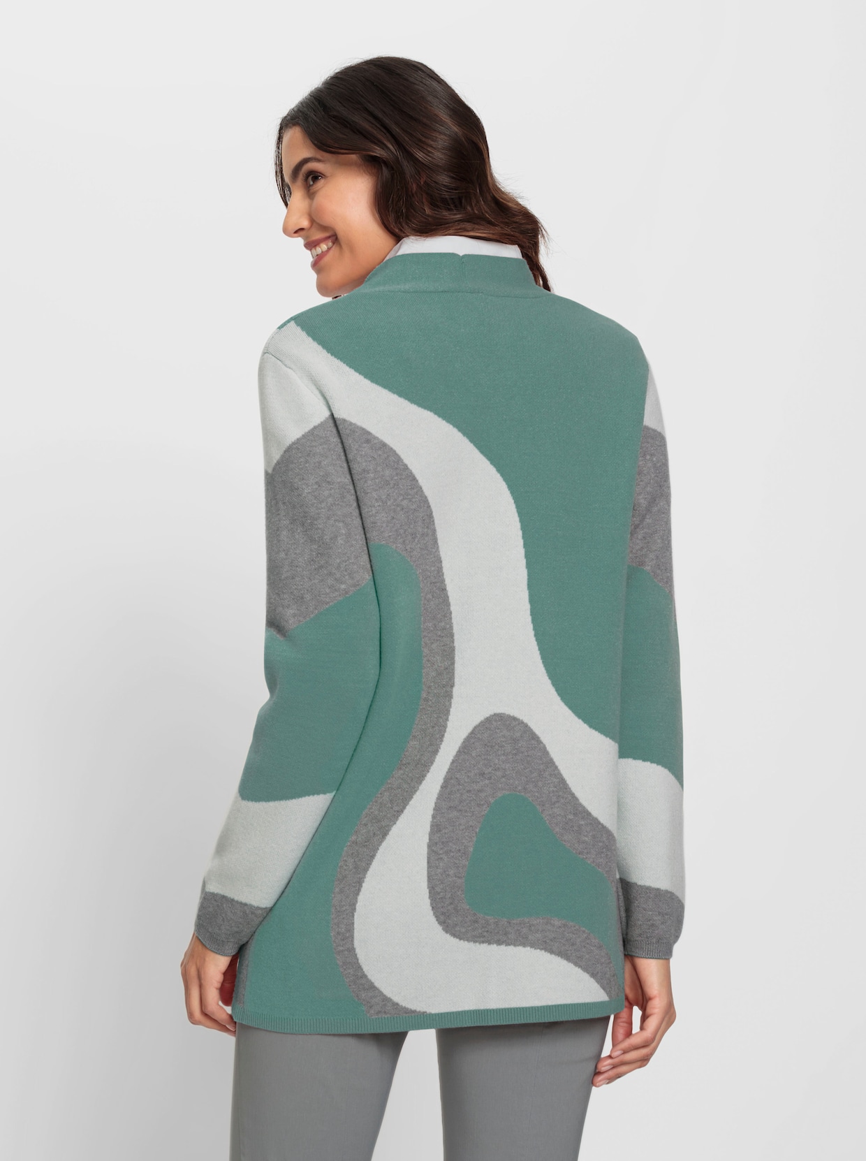 Jacquardstrickjacke - jade-steingrau-gemustert