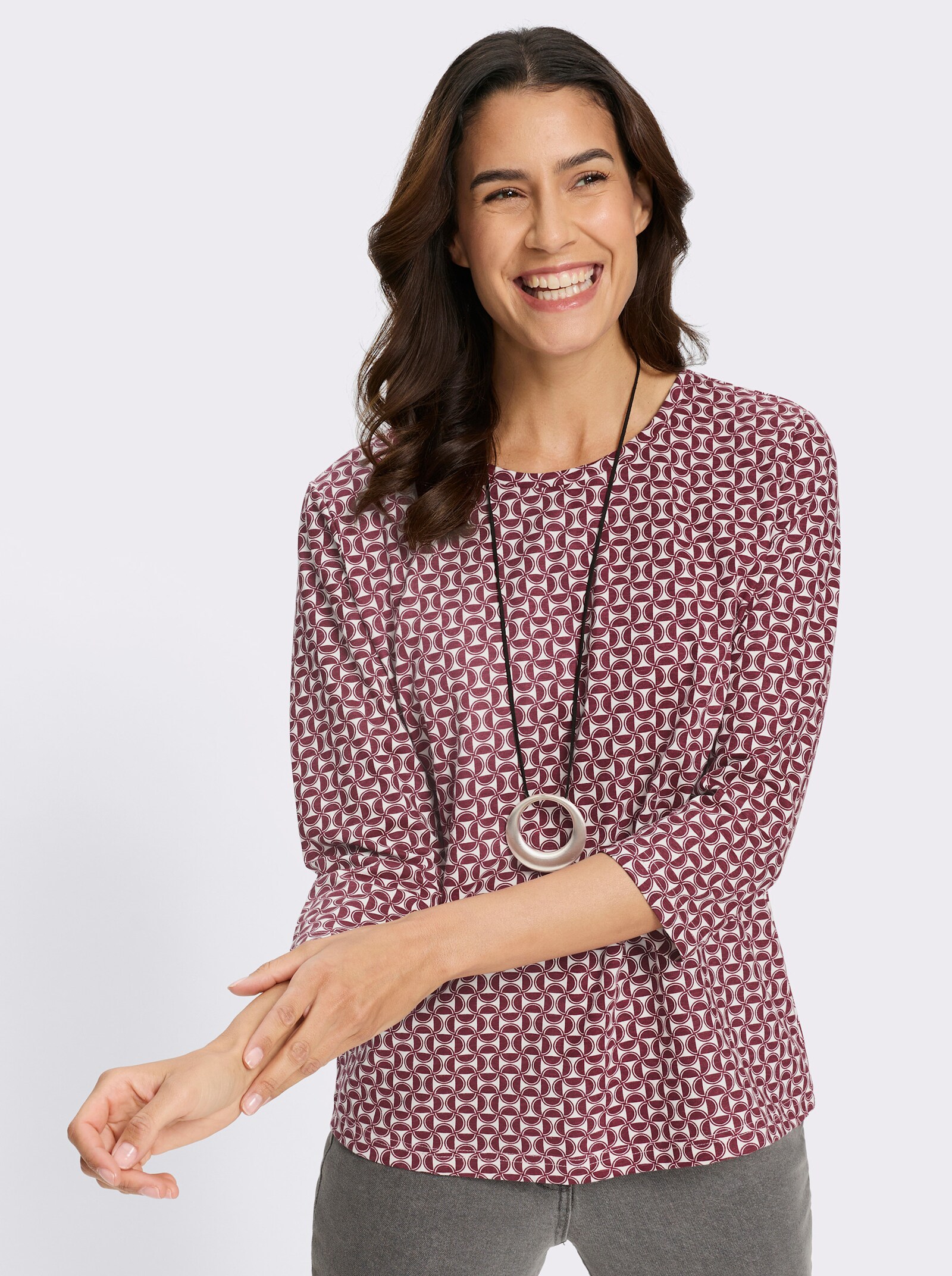 Print-Shirt mit grafischem Dessin - bordeaux-ecru-bedruckt