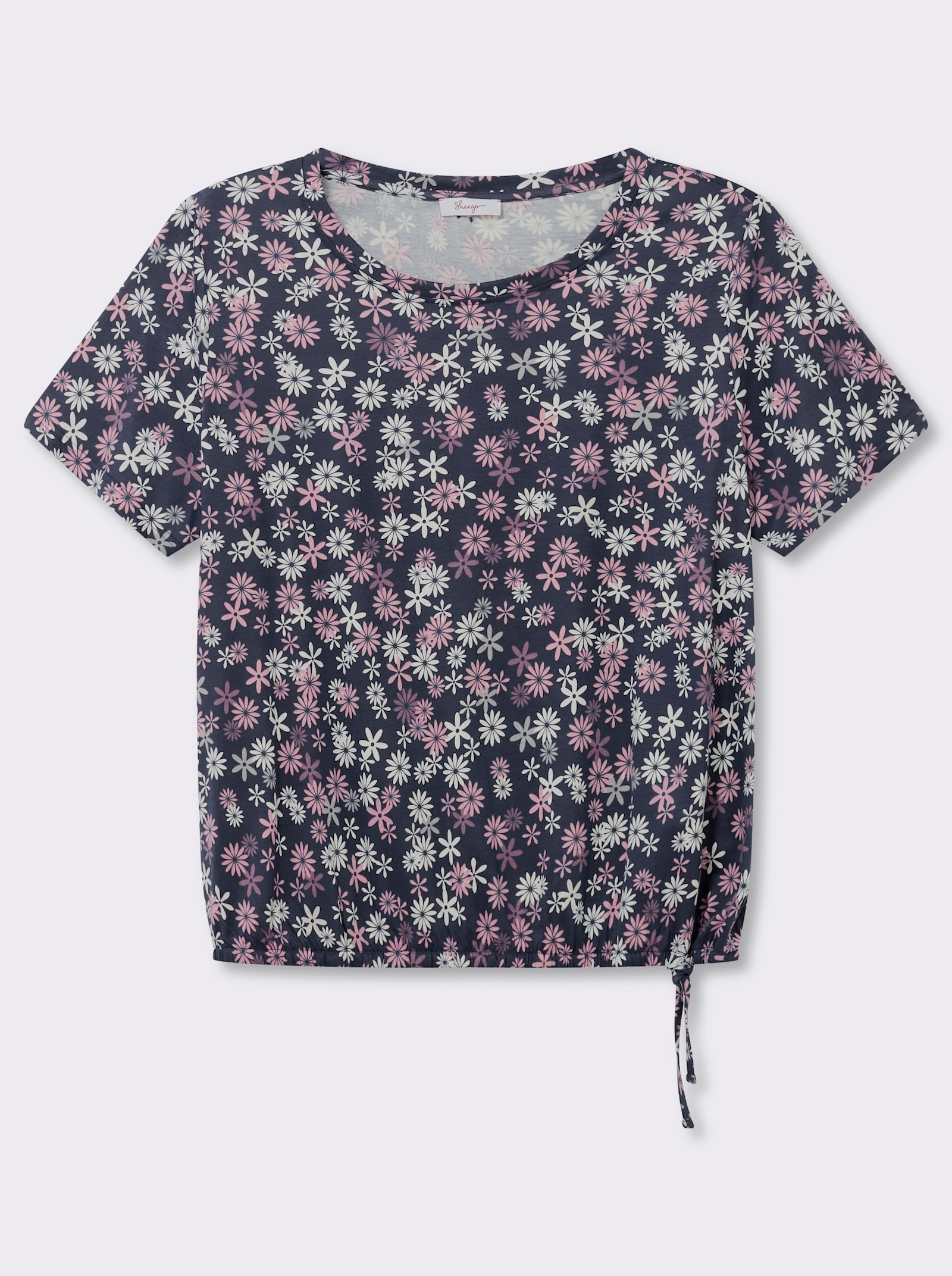 sheego Print-Shirt mit Tunnelzug am Saum - tiefblau-champagner-bedruckt