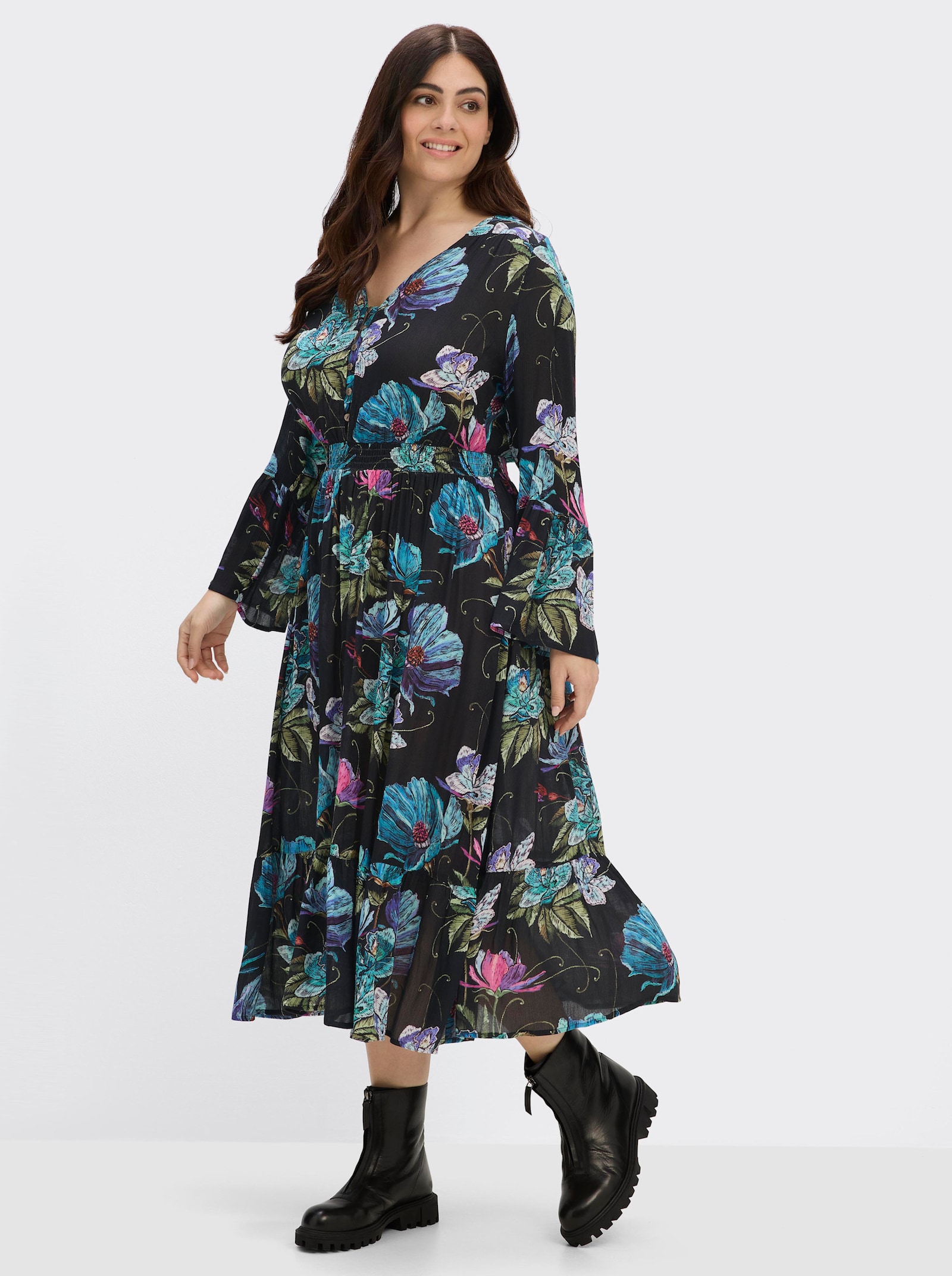 sheego by Joe Browns Volantkleid mit Blumenprint - schwarz-aubergine-gemustert