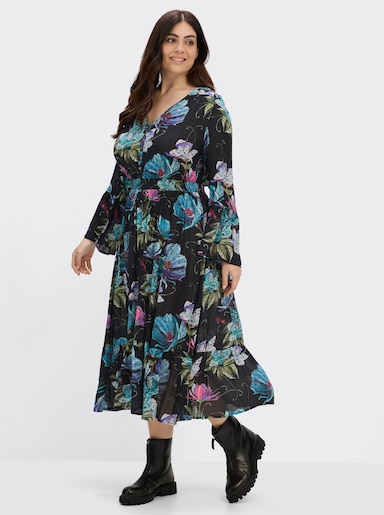 sheego by Joe Browns Volantkleid mit Blumenprint - schwarz-aubergine-gemustert